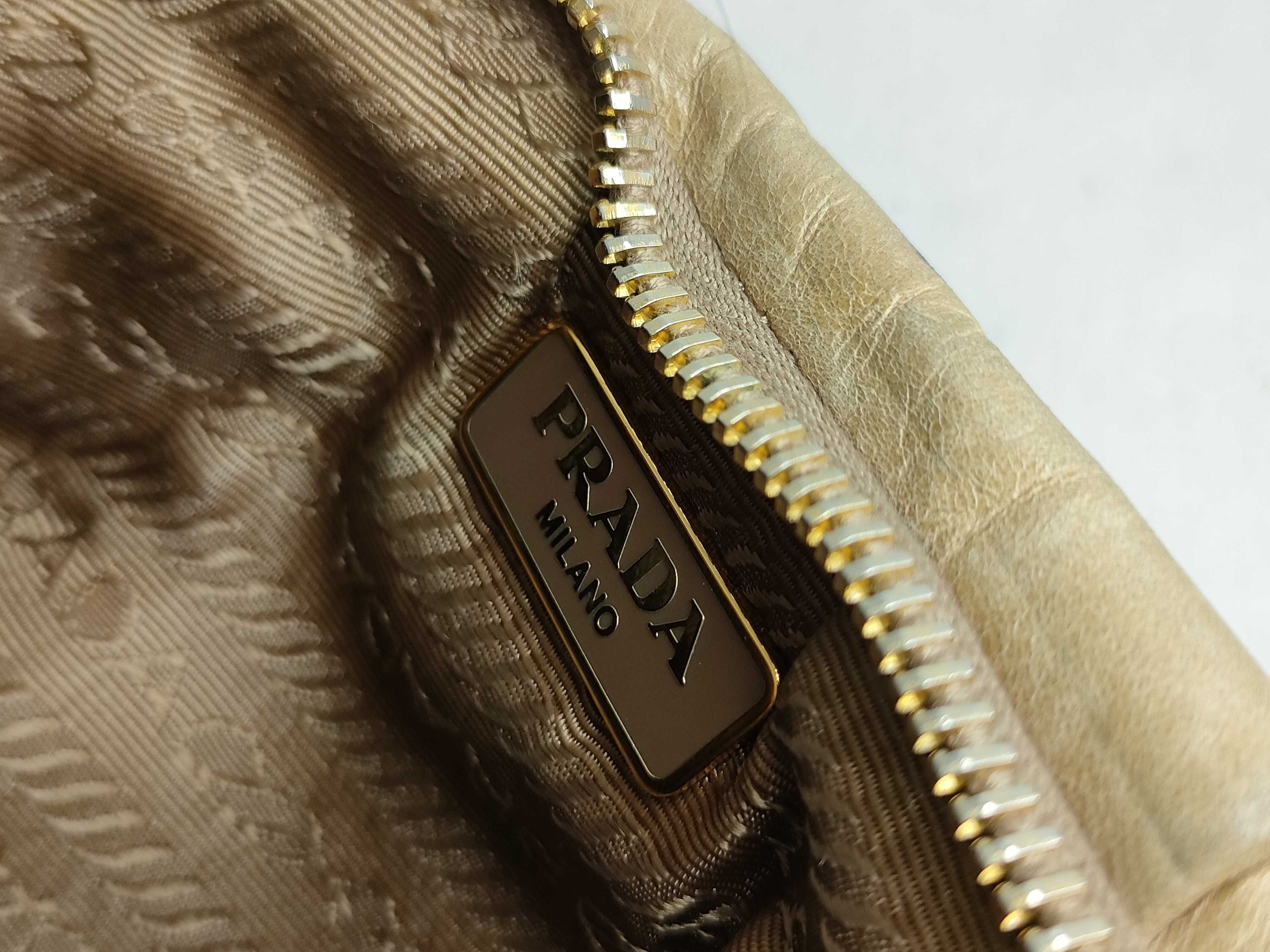 Leather Mini Pouch with Logo Hardware, Beige, Prada Pouch — view 11
