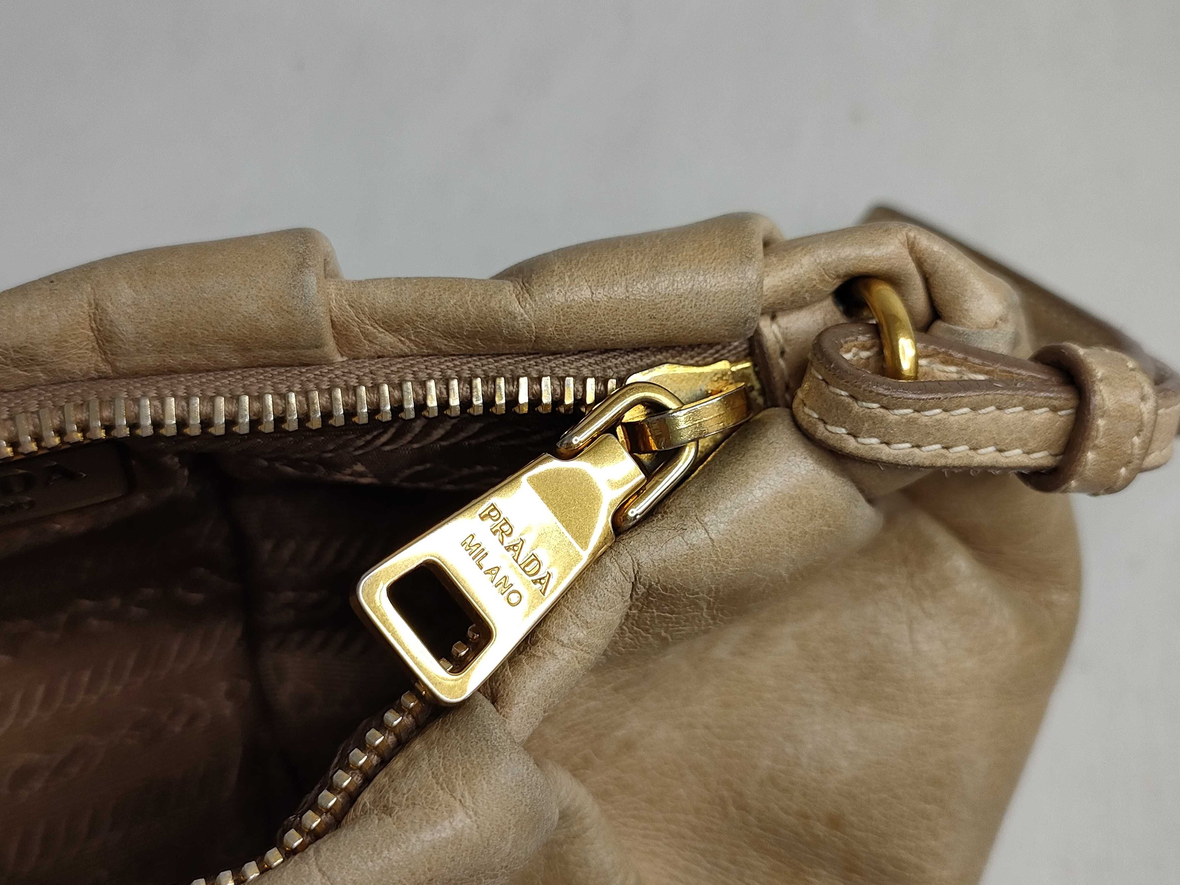 Leather Mini Pouch with Logo Hardware, Beige, Prada Pouch — view 12