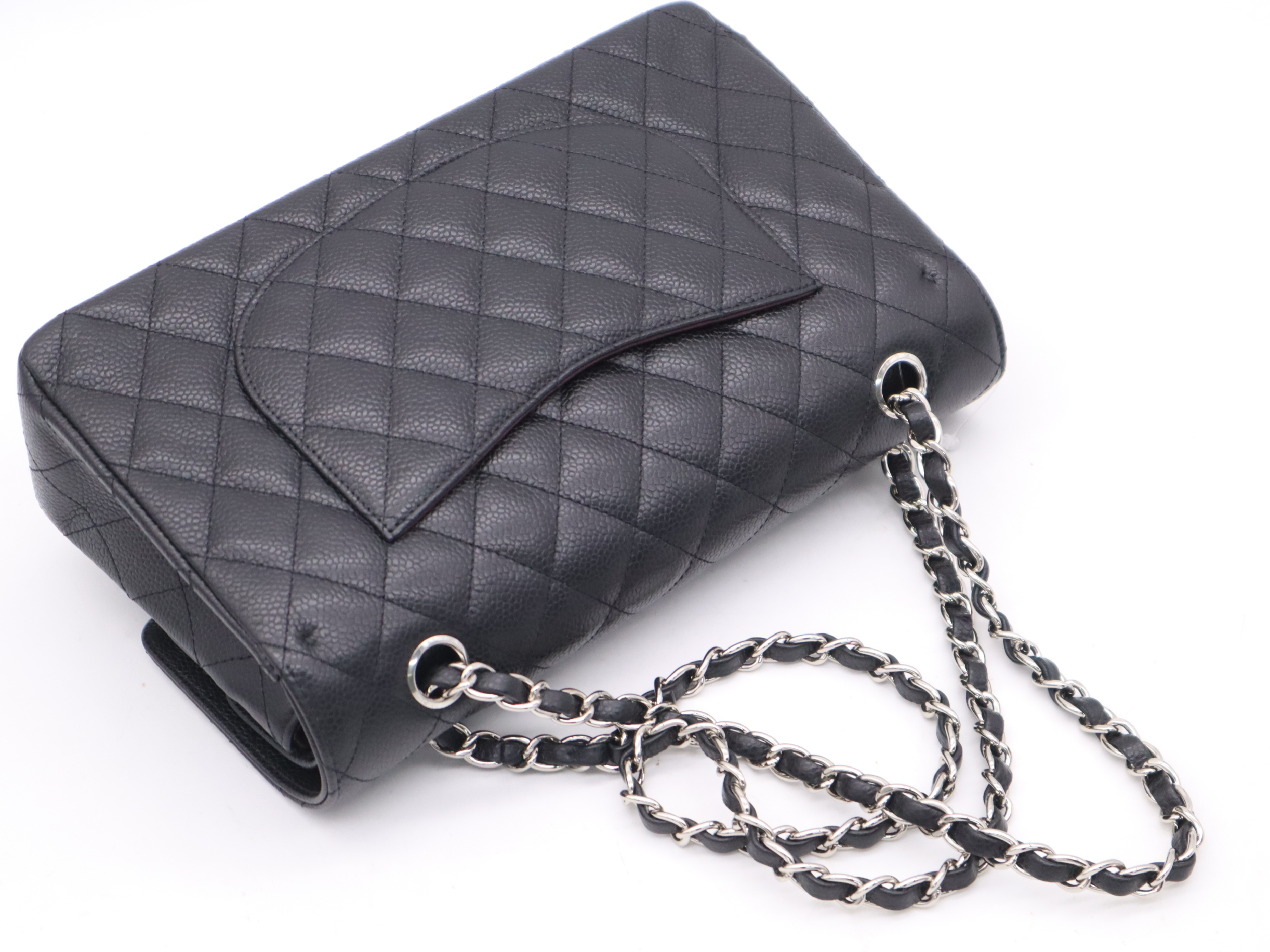 Caviar Skin Matelassé 25 Double Flap Double Chain Handbag with Dust Bag, Silver Hardware, Black — view 6