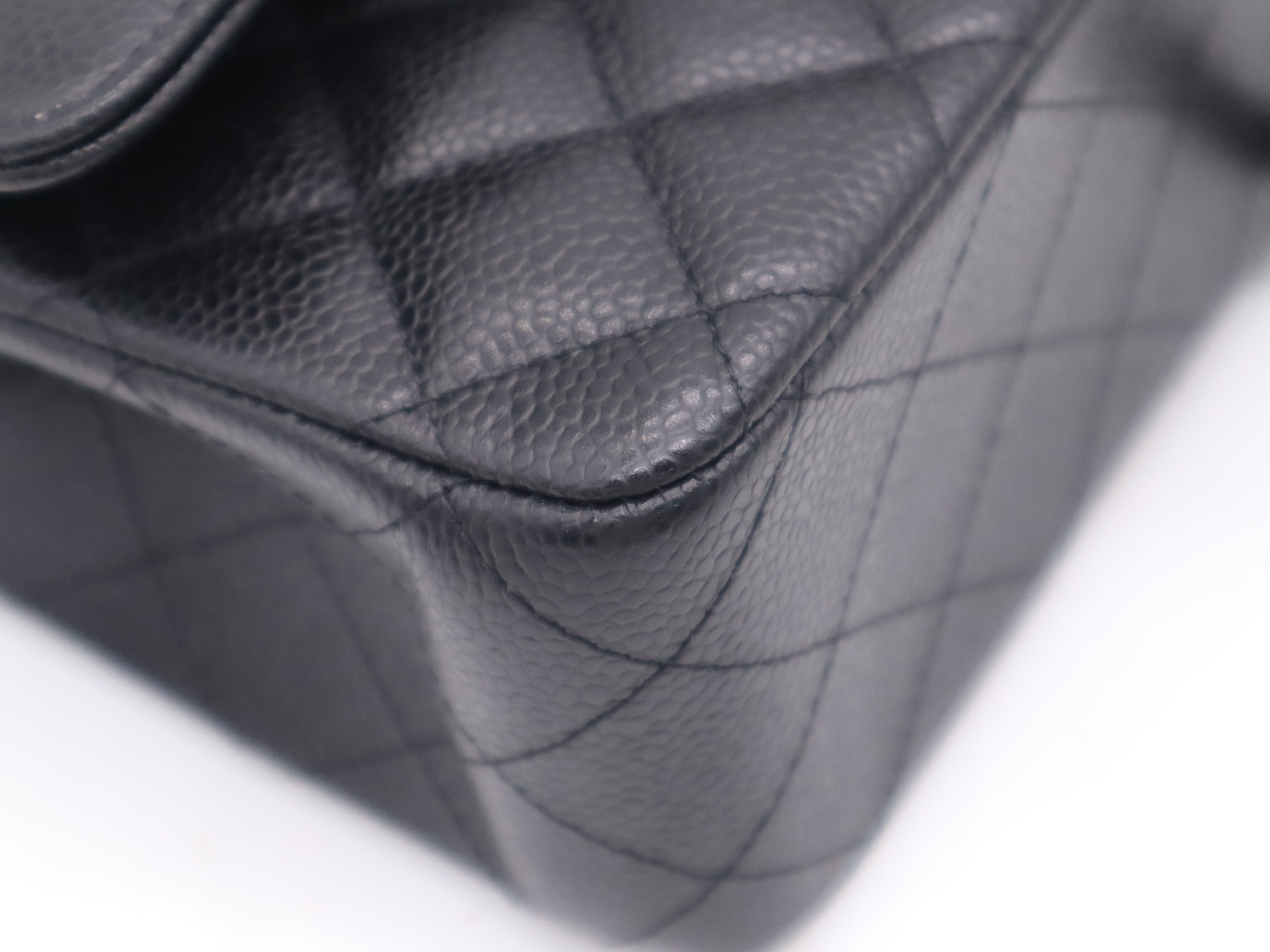 Caviar Skin Matelassé 25 Double Flap Double Chain Handbag with Dust Bag, Silver Hardware, Black — view 9