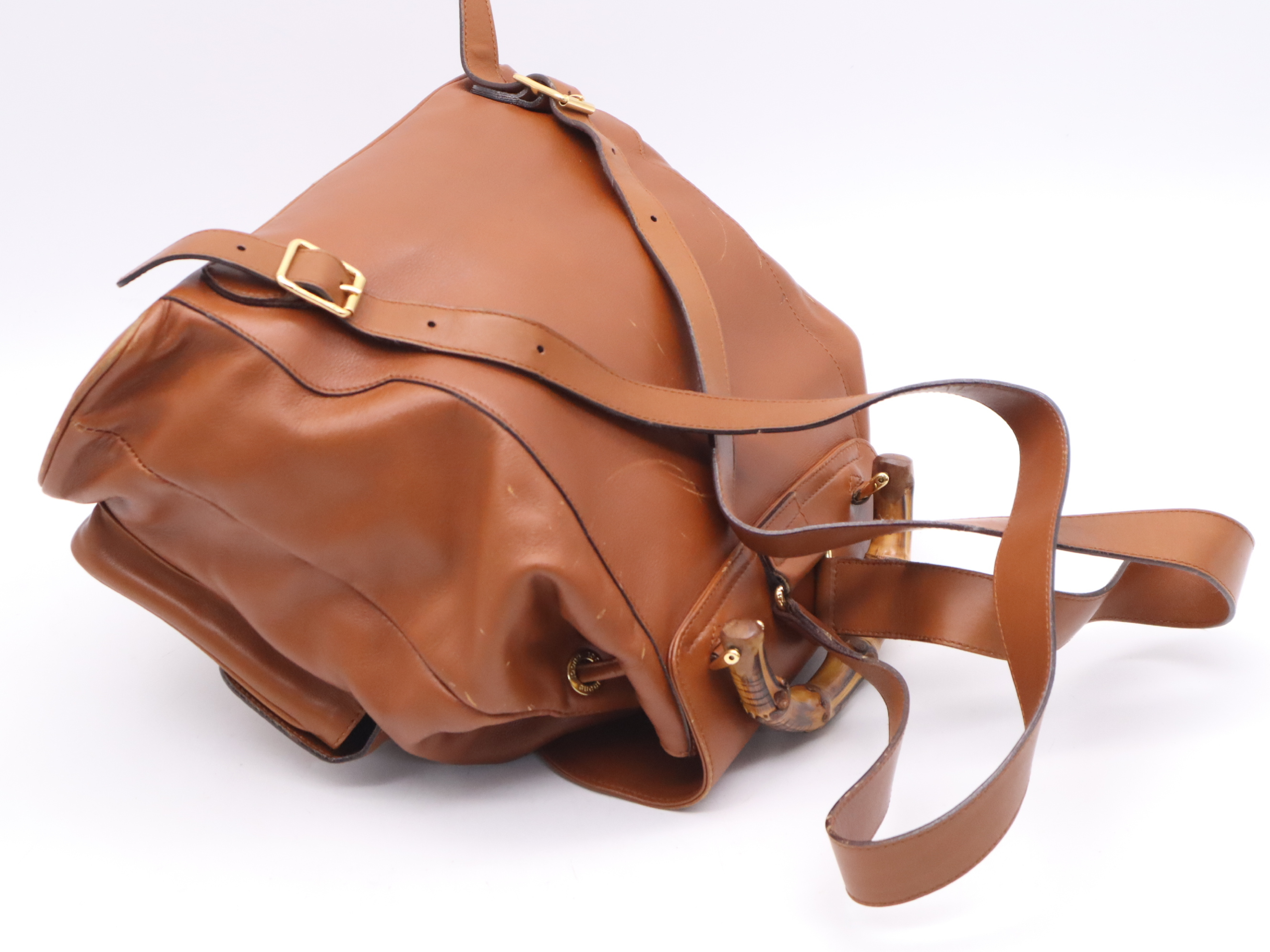 003-2058-0016 Leather Bamboo Backpack Brown Gold Hardware Backpack — view 6