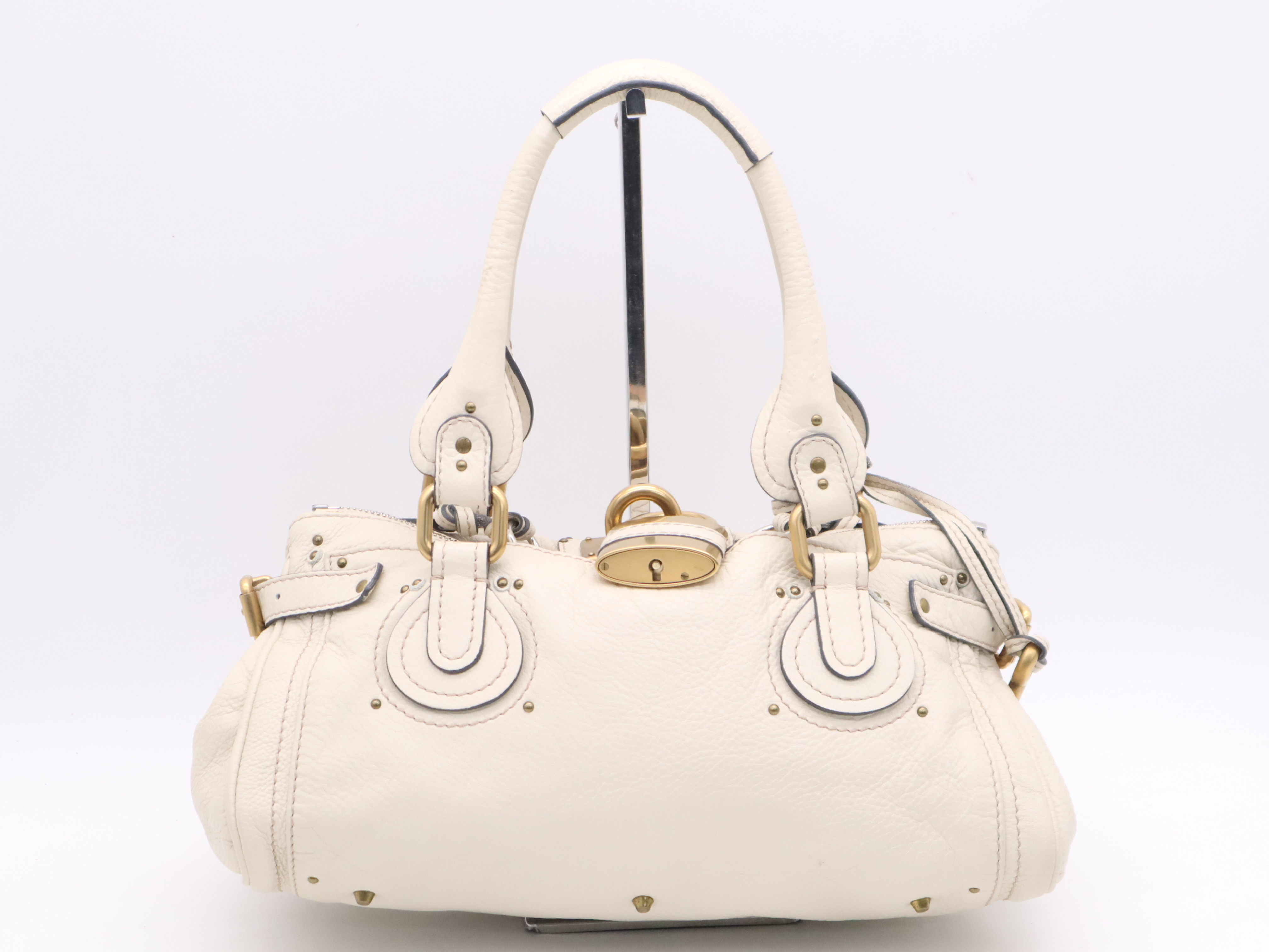 Leather Paddington Handbag with Padlock and Key, Ivory, Gold Hardware