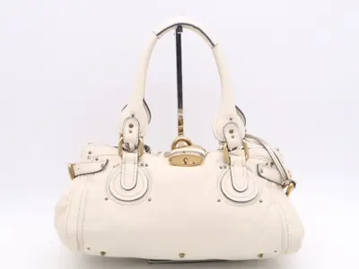 Leather Paddington Handbag with Padlock and Key, Ivory, Gold Hardware