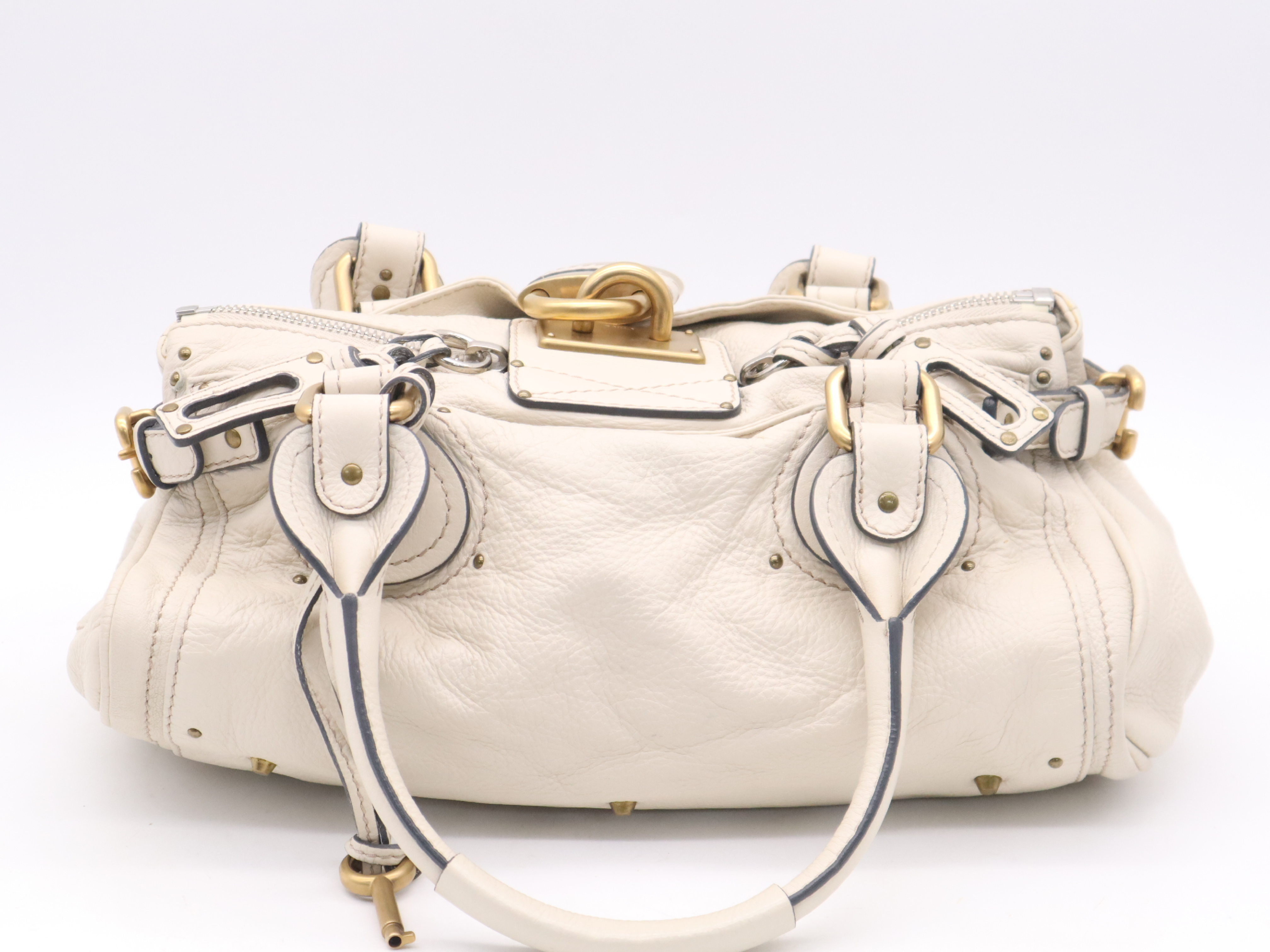 Leather Paddington Handbag with Padlock and Key, Ivory, Gold Hardware — view 2