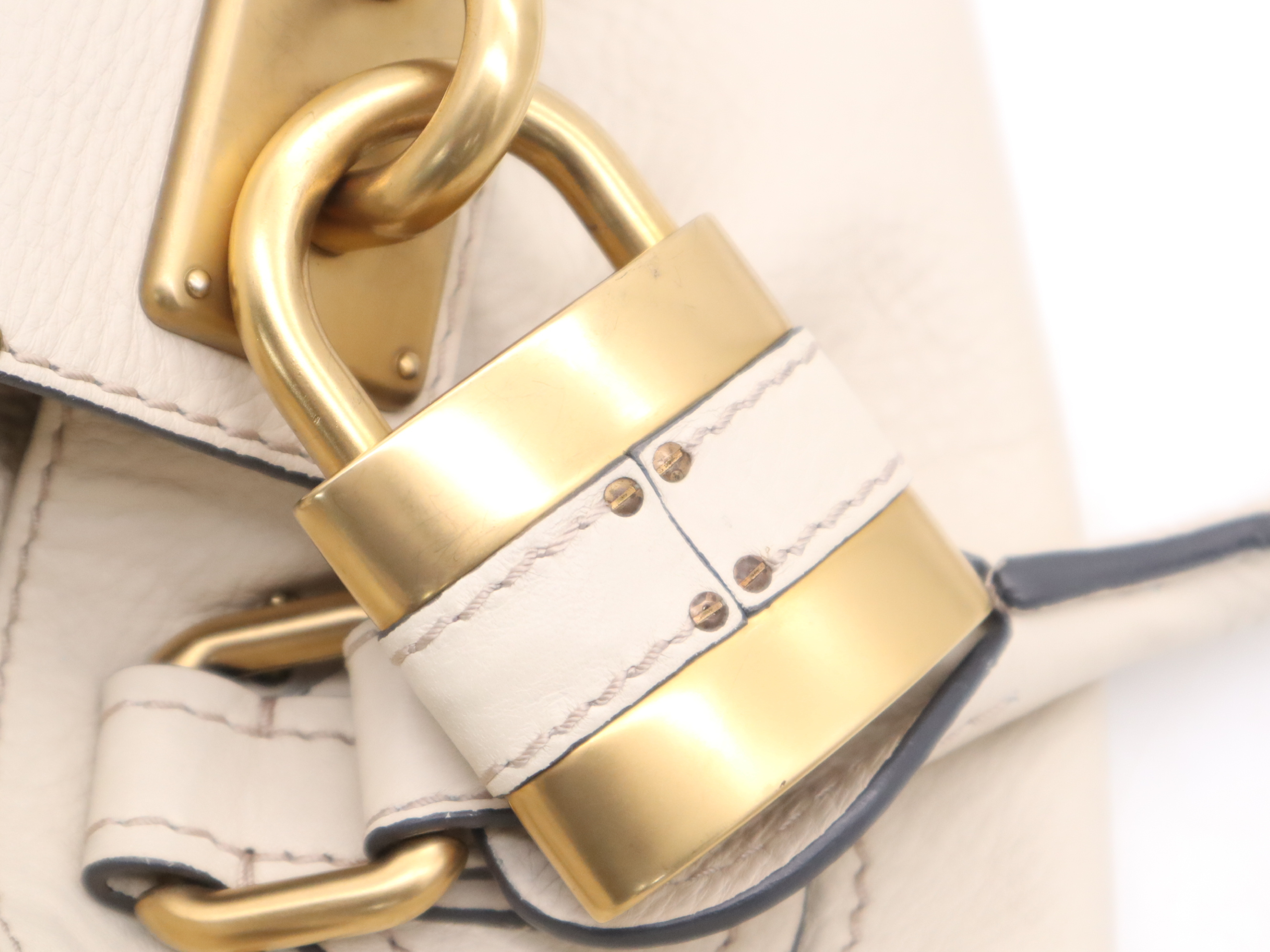 Leather Paddington Handbag with Padlock and Key, Ivory, Gold Hardware — view 14