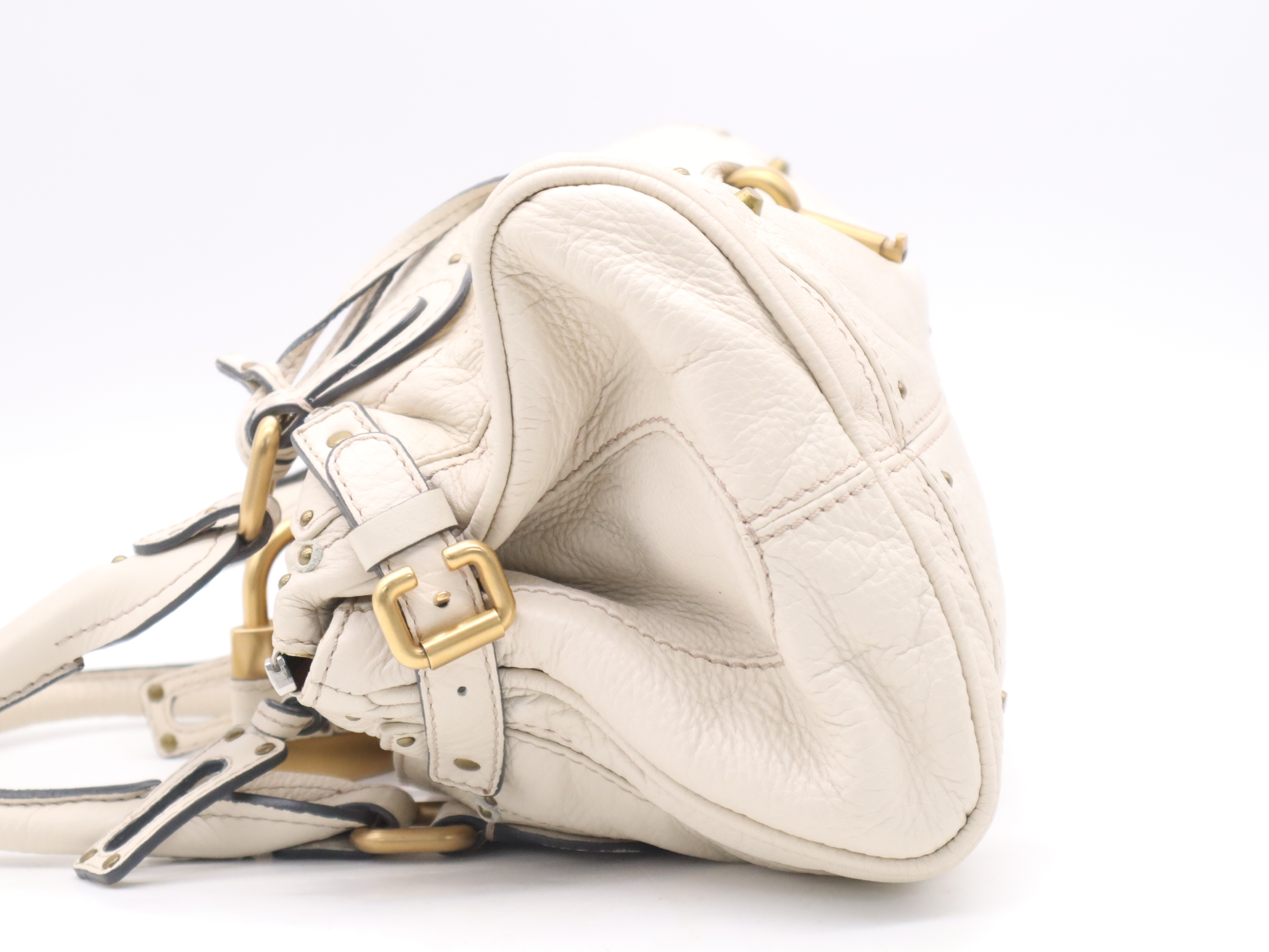 Leather Paddington Handbag with Padlock and Key, Ivory, Gold Hardware — view 3