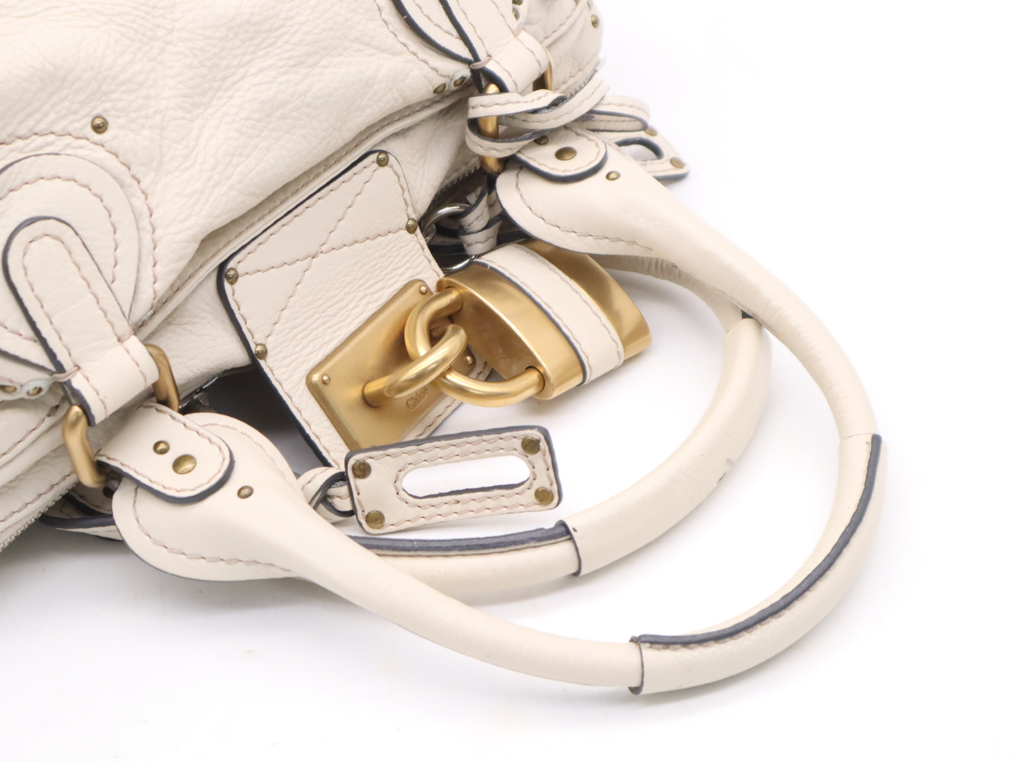 Leather Paddington Handbag with Padlock and Key, Ivory, Gold Hardware — view 6