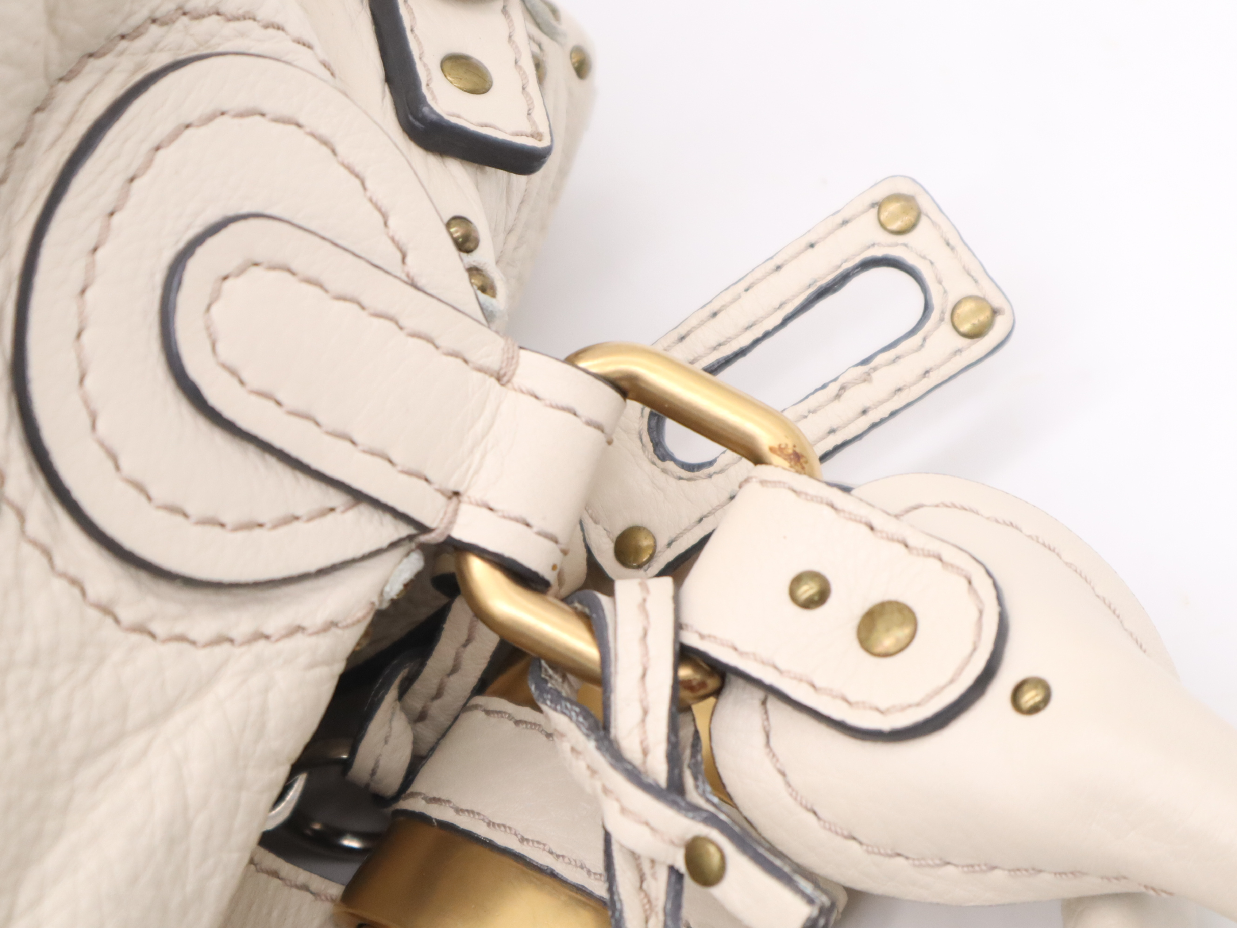 Leather Paddington Handbag with Padlock and Key, Ivory, Gold Hardware — view 8