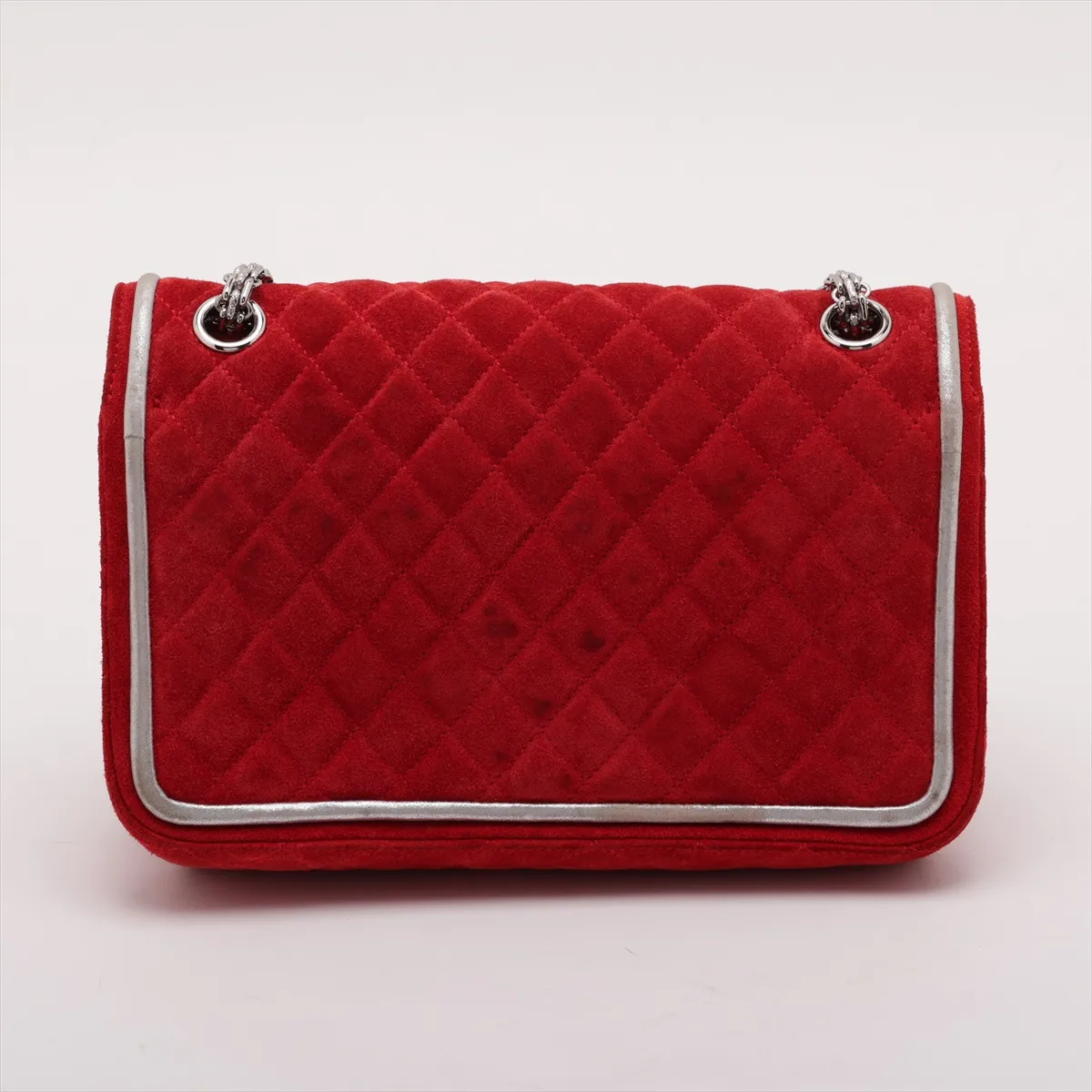 Matelassé 2.55 Suede Double Flap Double Chain Bag, Red, Silver Hardware, A37586, with unclear stamping. — view 2
