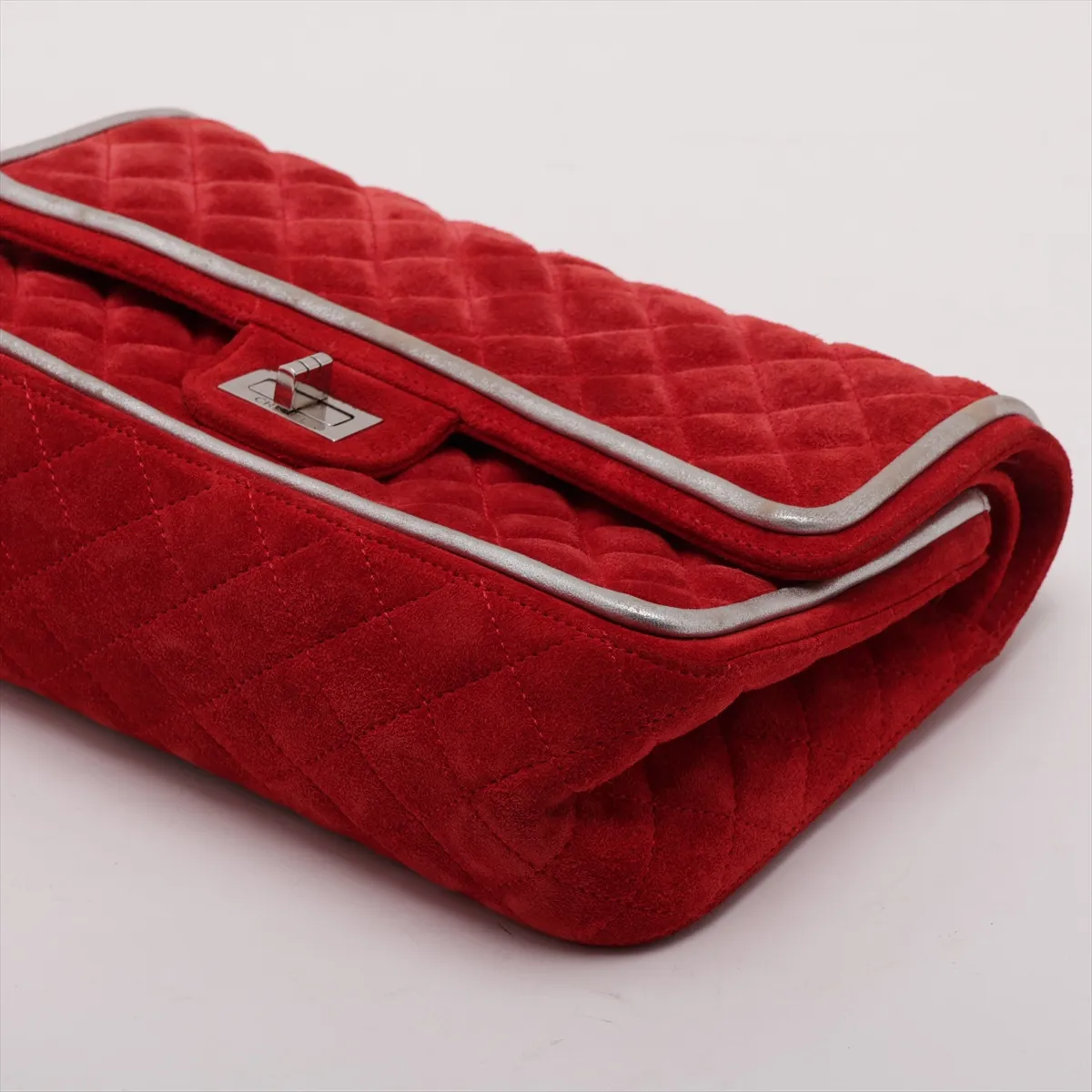 Matelassé 2.55 Suede Double Flap Double Chain Bag, Red, Silver Hardware, A37586, with unclear stamping. — view 3