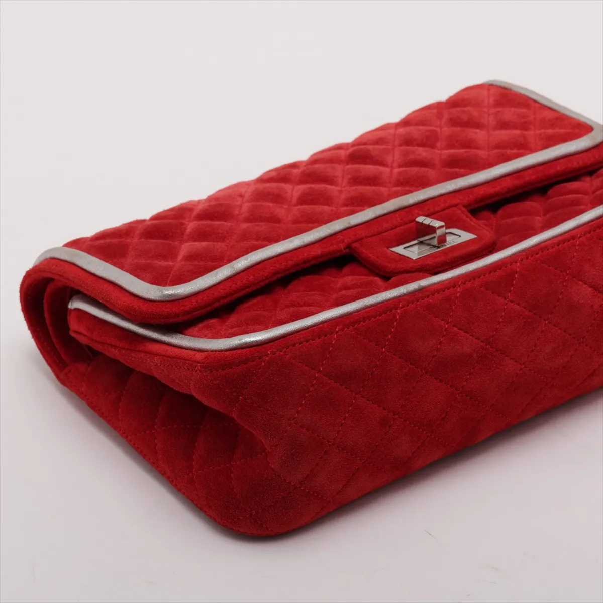 Matelassé 2.55 Suede Double Flap Double Chain Bag, Red, Silver Hardware, A37586, with unclear stamping. — view 4