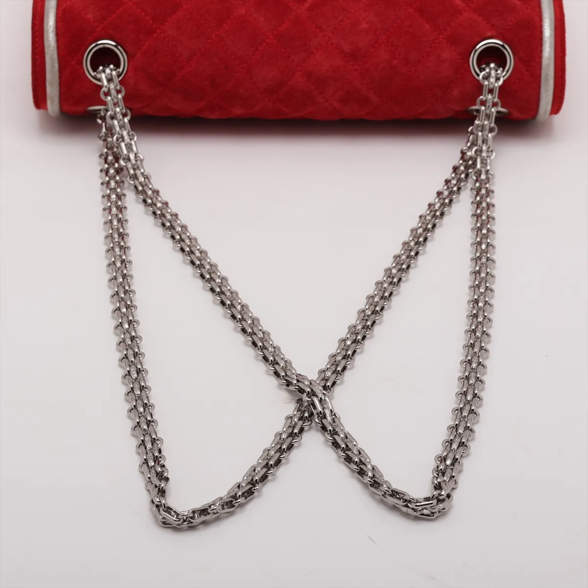 Matelassé 2.55 Suede Double Flap Double Chain Bag, Red, Silver Hardware, A37586, with unclear stamping. — view 5
