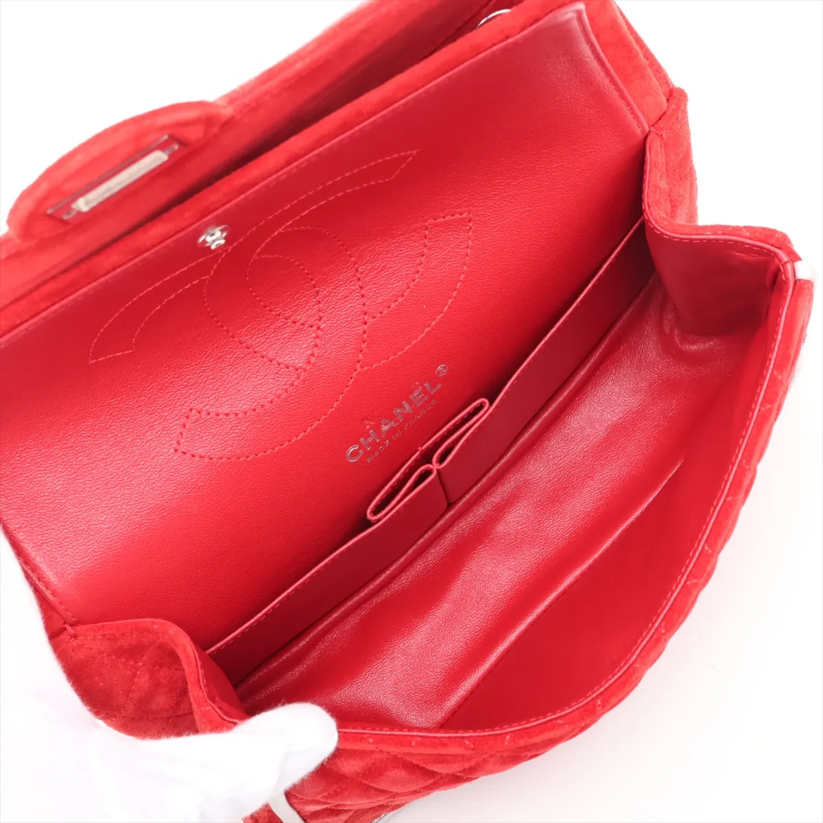 Matelassé 2.55 Suede Double Flap Double Chain Bag, Red, Silver Hardware, A37586, with unclear stamping. — view 7