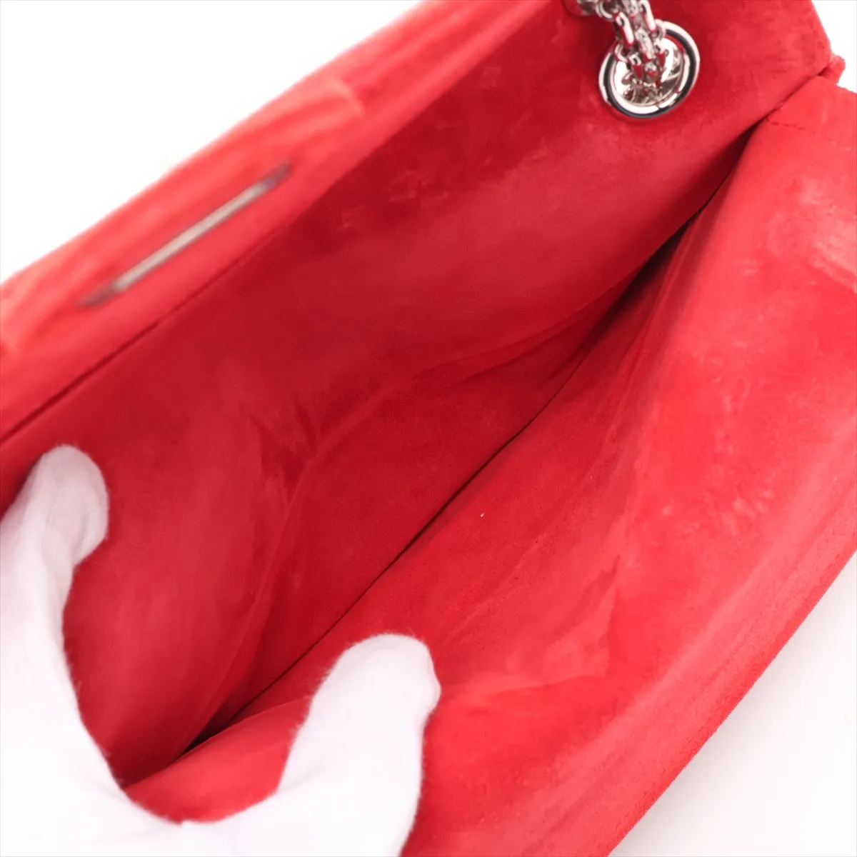 Matelassé 2.55 Suede Double Flap Double Chain Bag, Red, Silver Hardware, A37586, with unclear stamping. — view 8