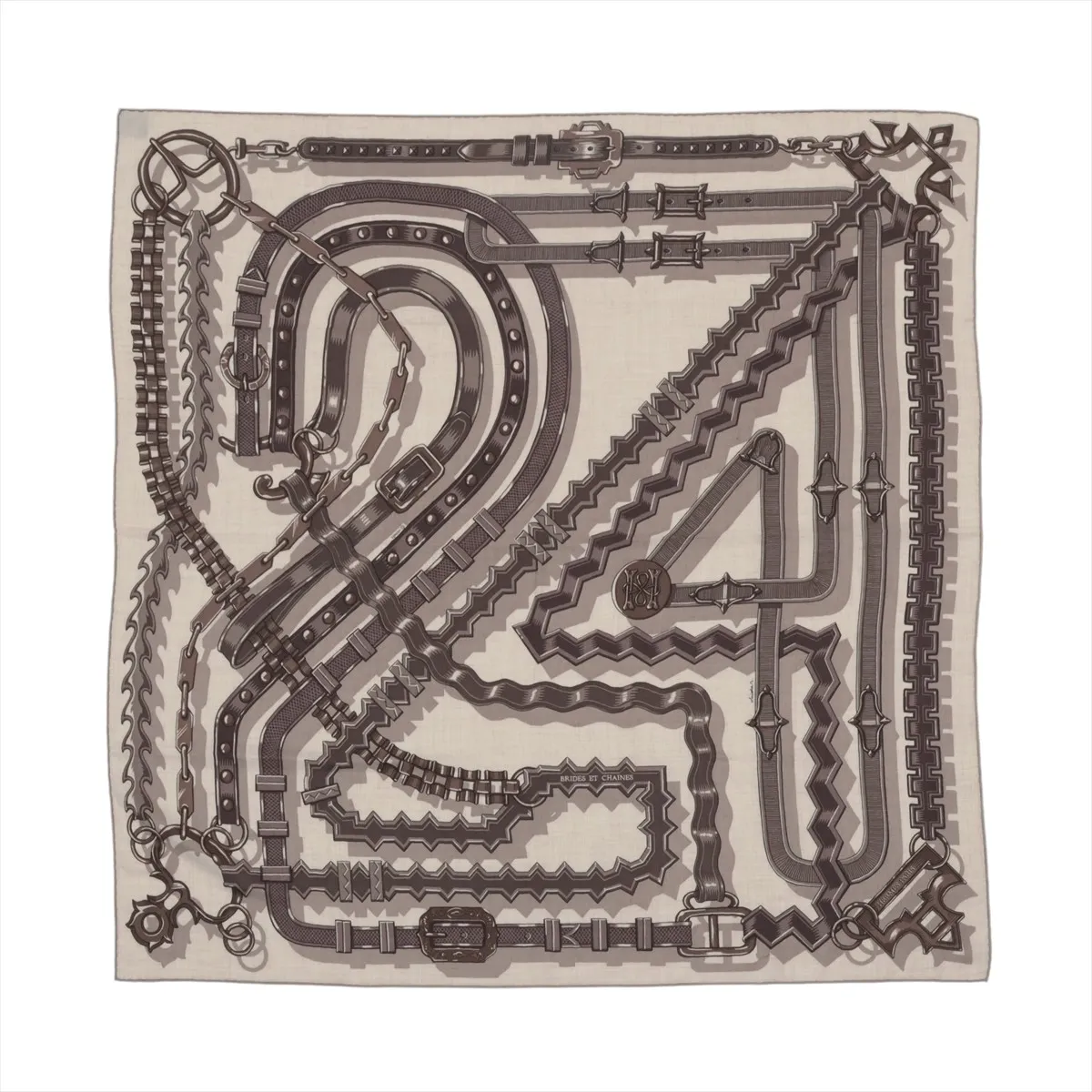 Carre H100 24 Brides et Chêne scarf, cashmere x silk, brown. Shows signs of wear,