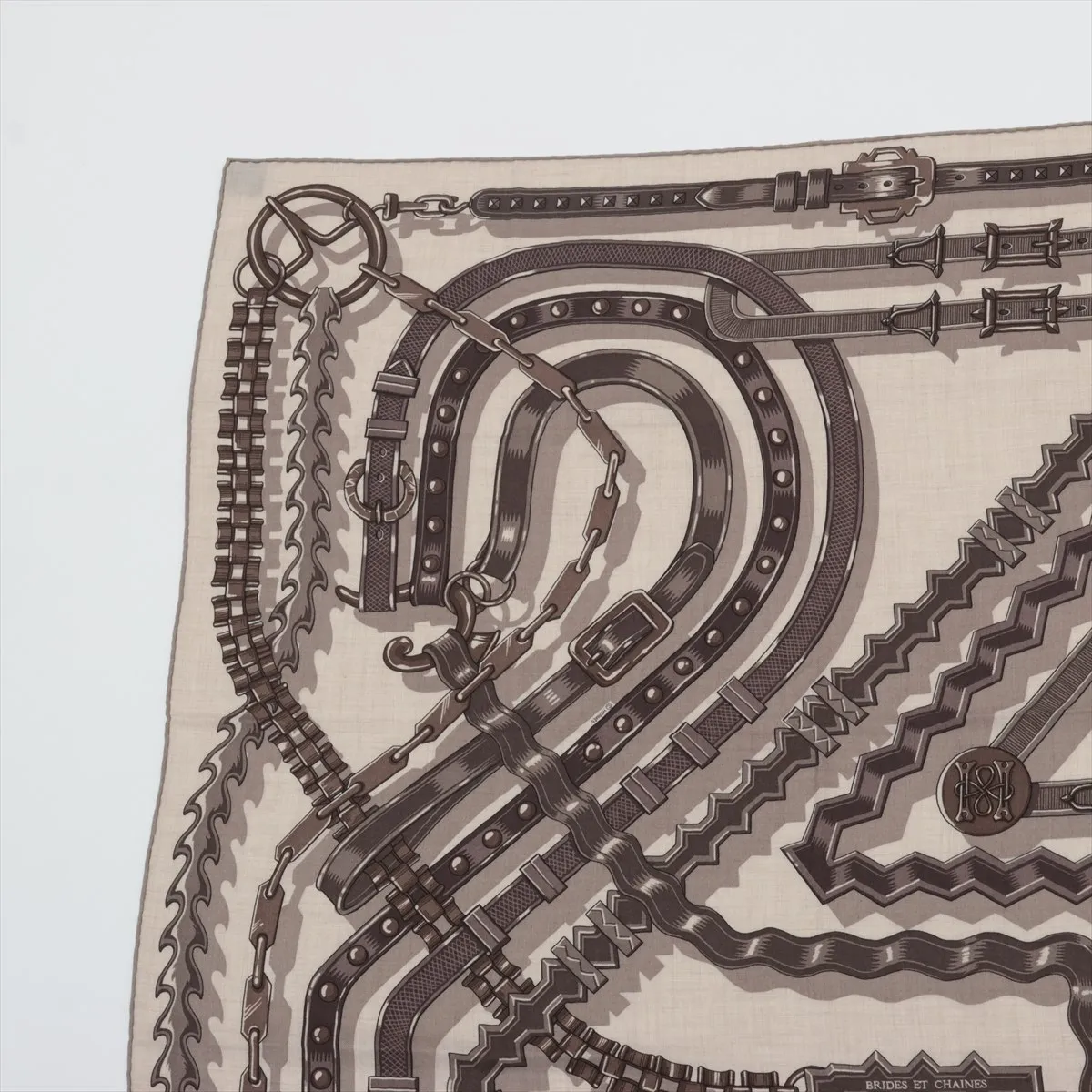 Carre H100 24 Brides et Chêne scarf, cashmere x silk, brown. Shows signs of wear, — view 2