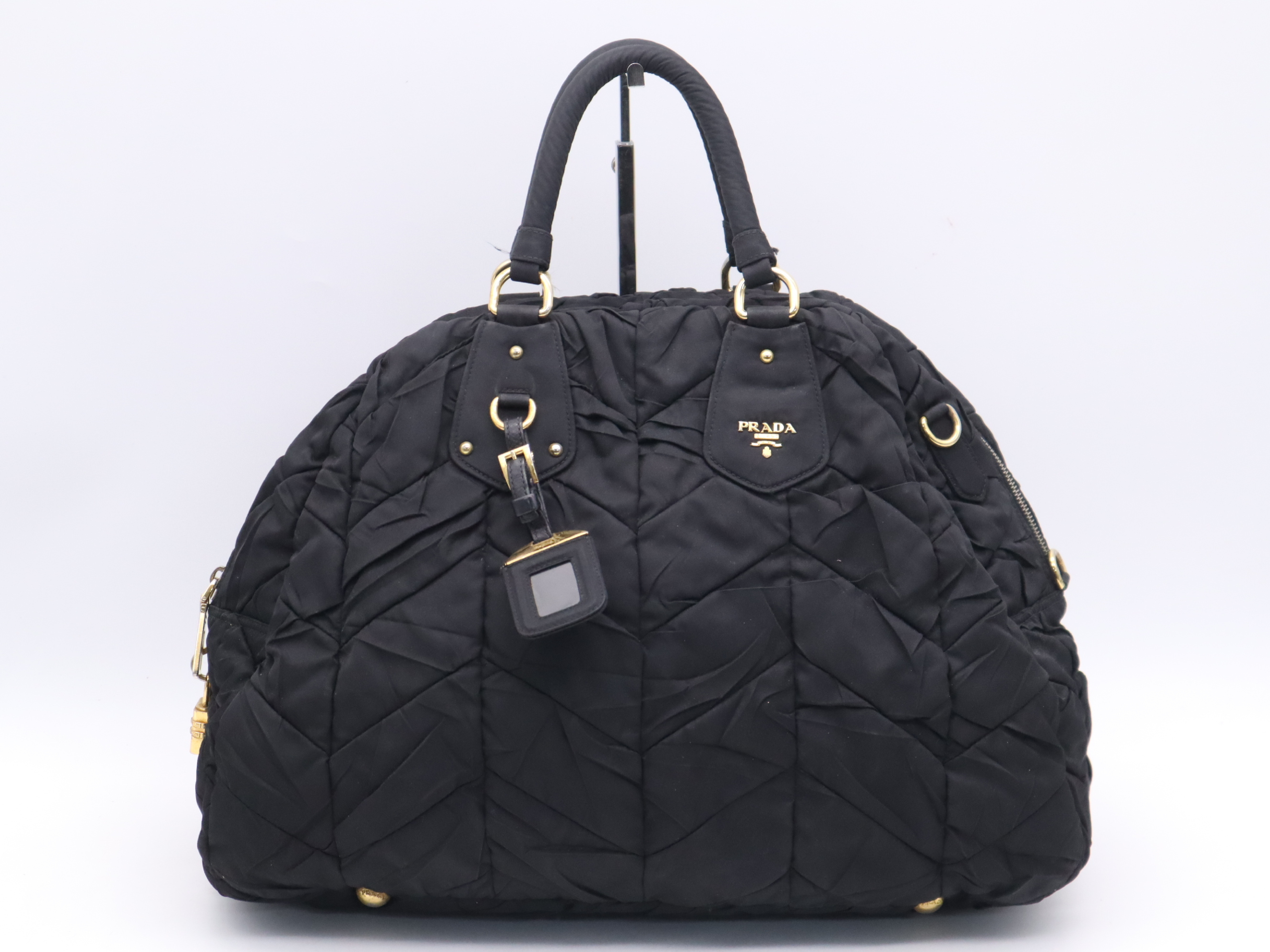 Nylon Quilted Tote Bag, Black with Gold Hardware, Name Tag and Padlock Charm.