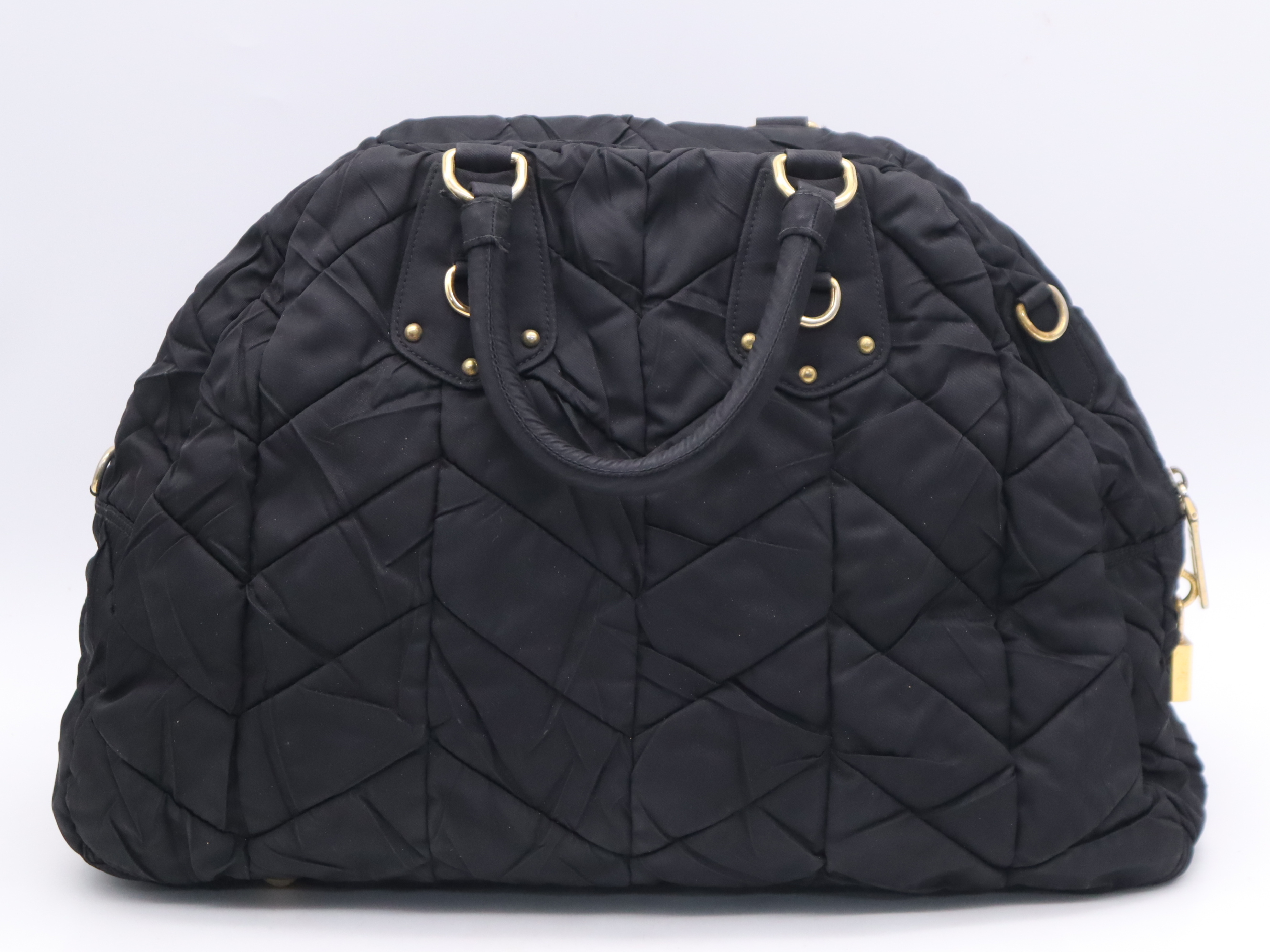 Nylon Quilted Tote Bag, Black with Gold Hardware, Name Tag and Padlock Charm. — view 2