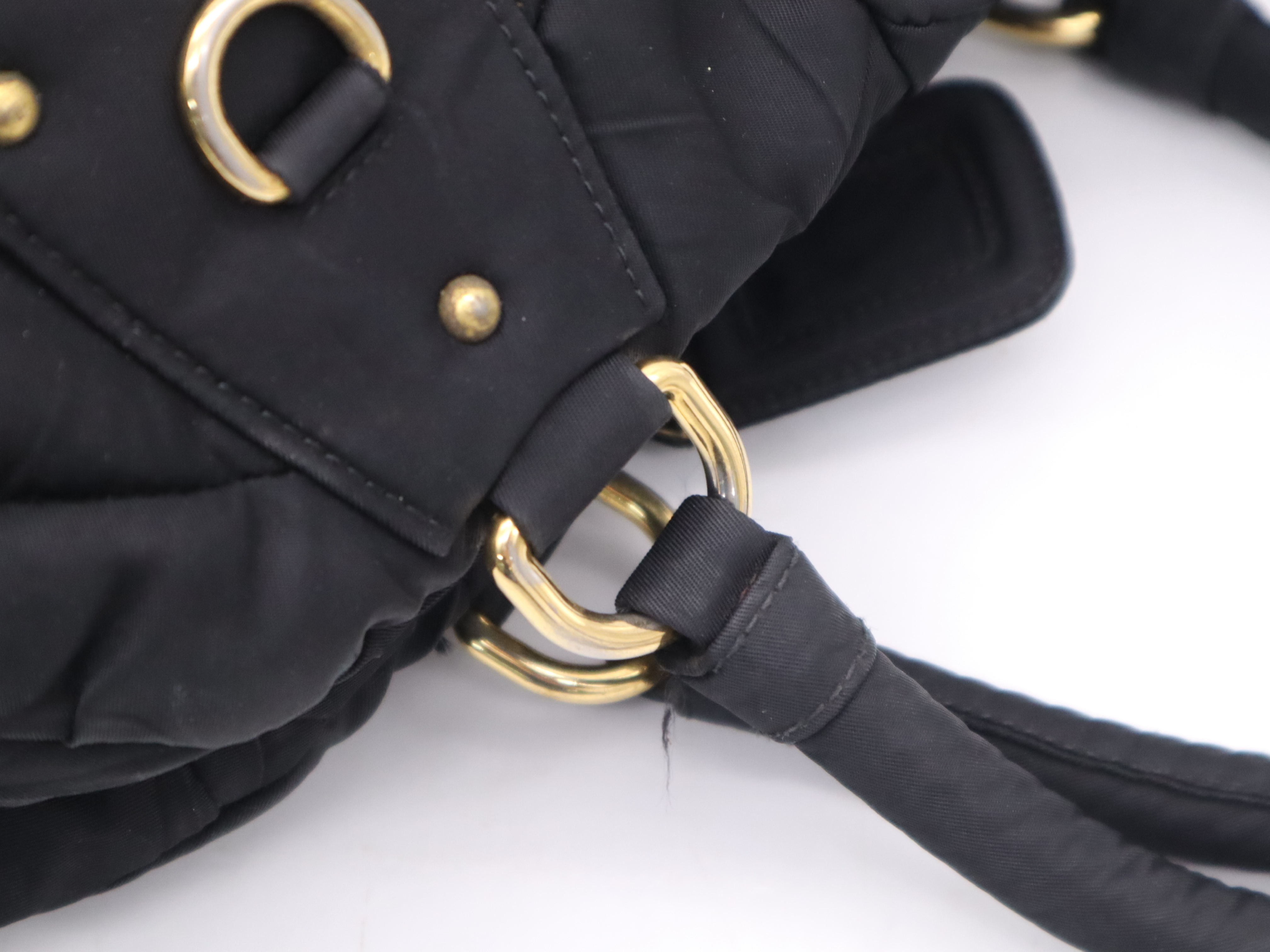 Nylon Quilted Tote Bag, Black with Gold Hardware, Name Tag and Padlock Charm. — view 7
