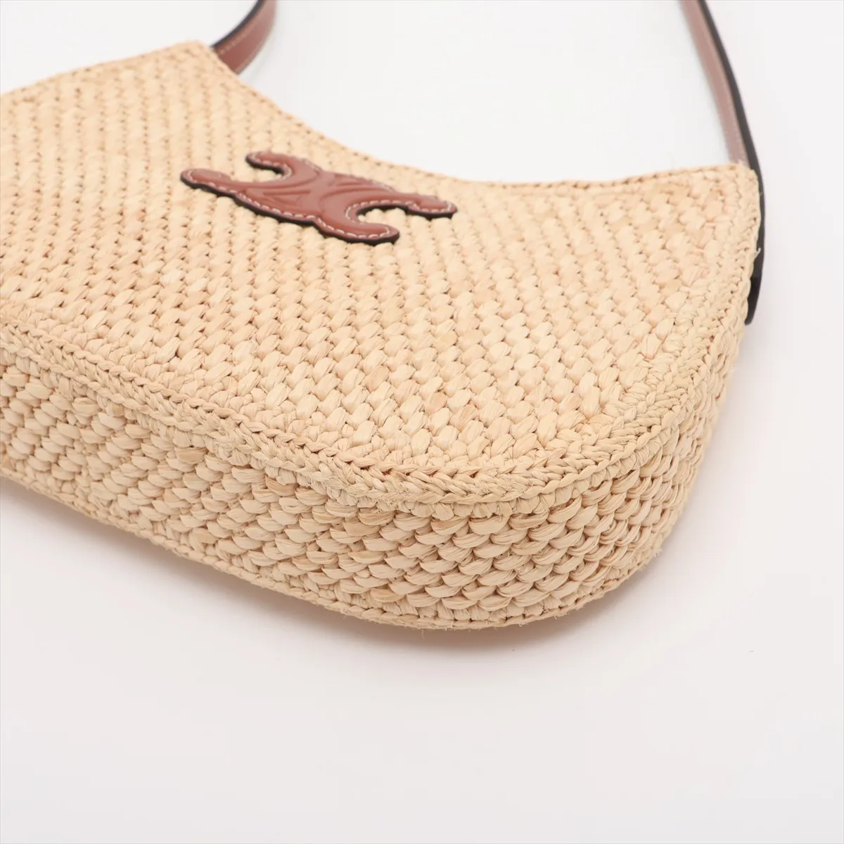 Triomphe Raffia x Leather Shoulder Bag, Beige x Brown — view 3
