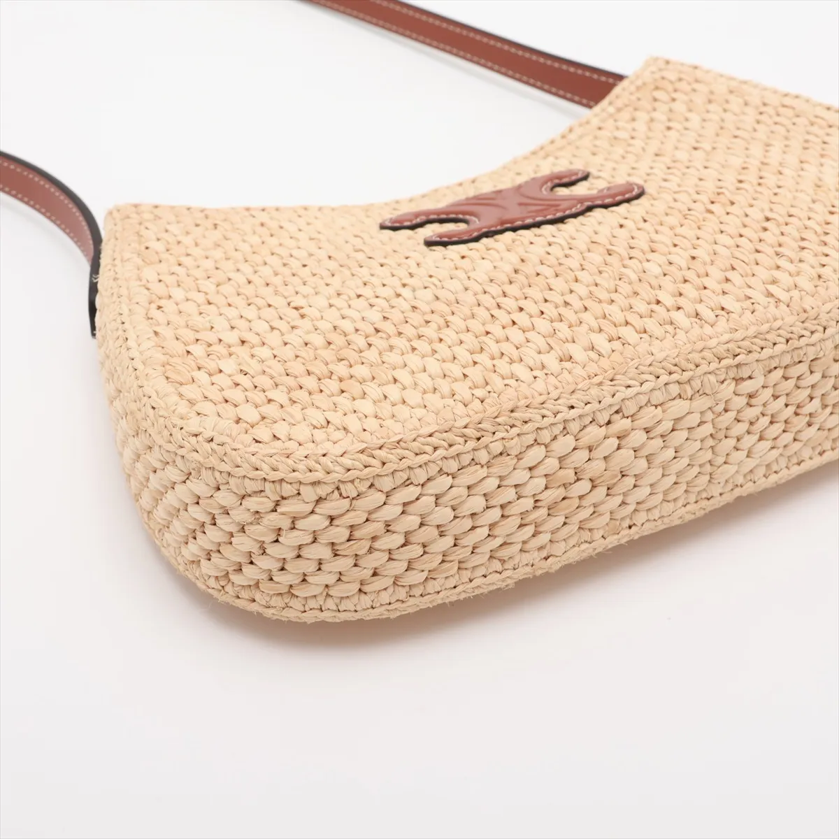 Triomphe Raffia x Leather Shoulder Bag, Beige x Brown — view 4