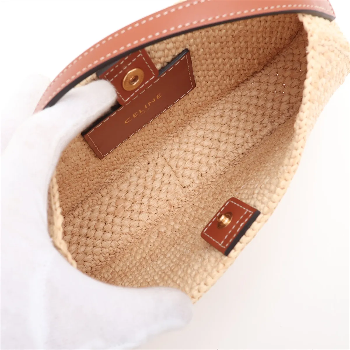Triomphe Raffia x Leather Shoulder Bag, Beige x Brown — view 6