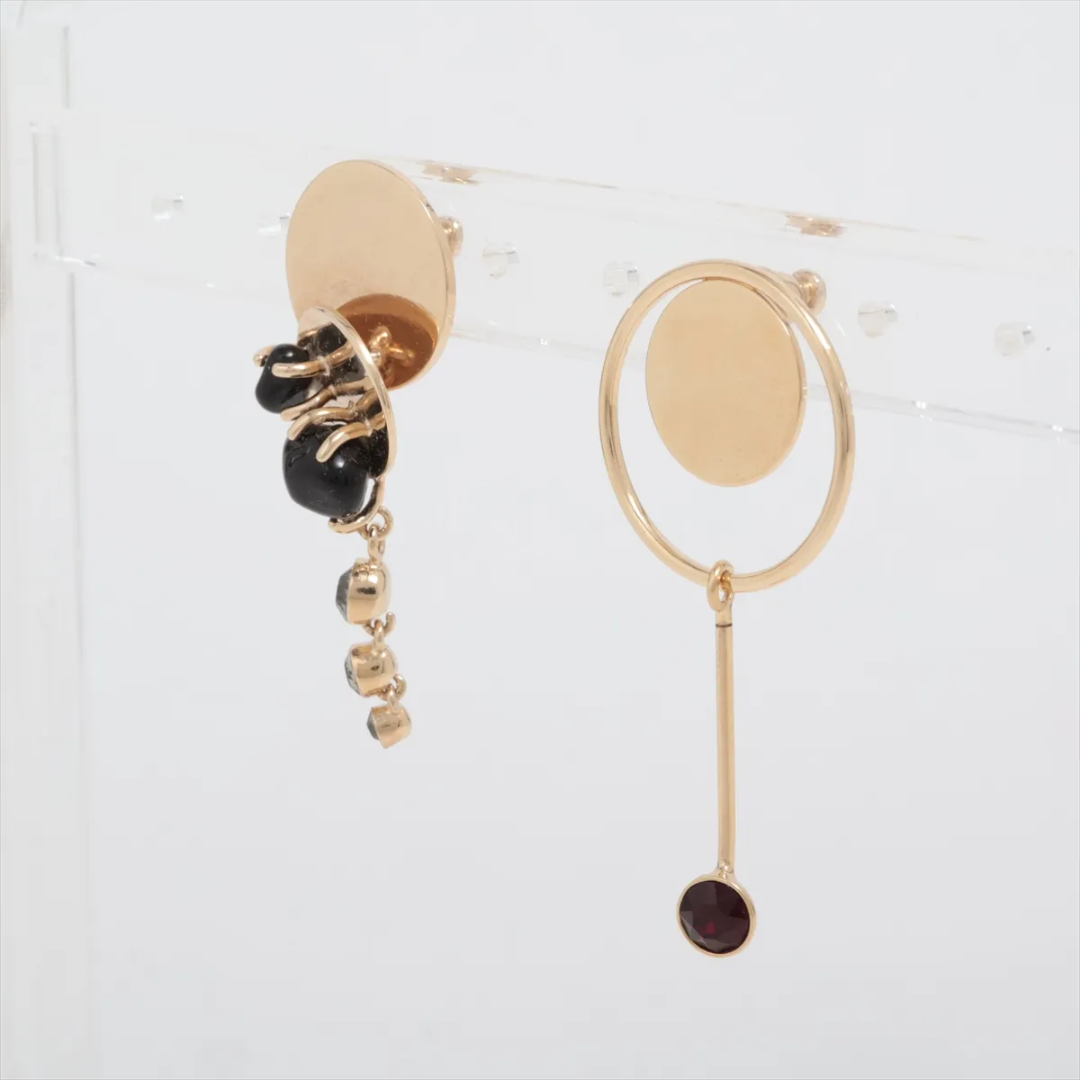 earrings (for both ears), gold-plated with rhinestones and colored stones. Shows wear, tarnishing, — view 3