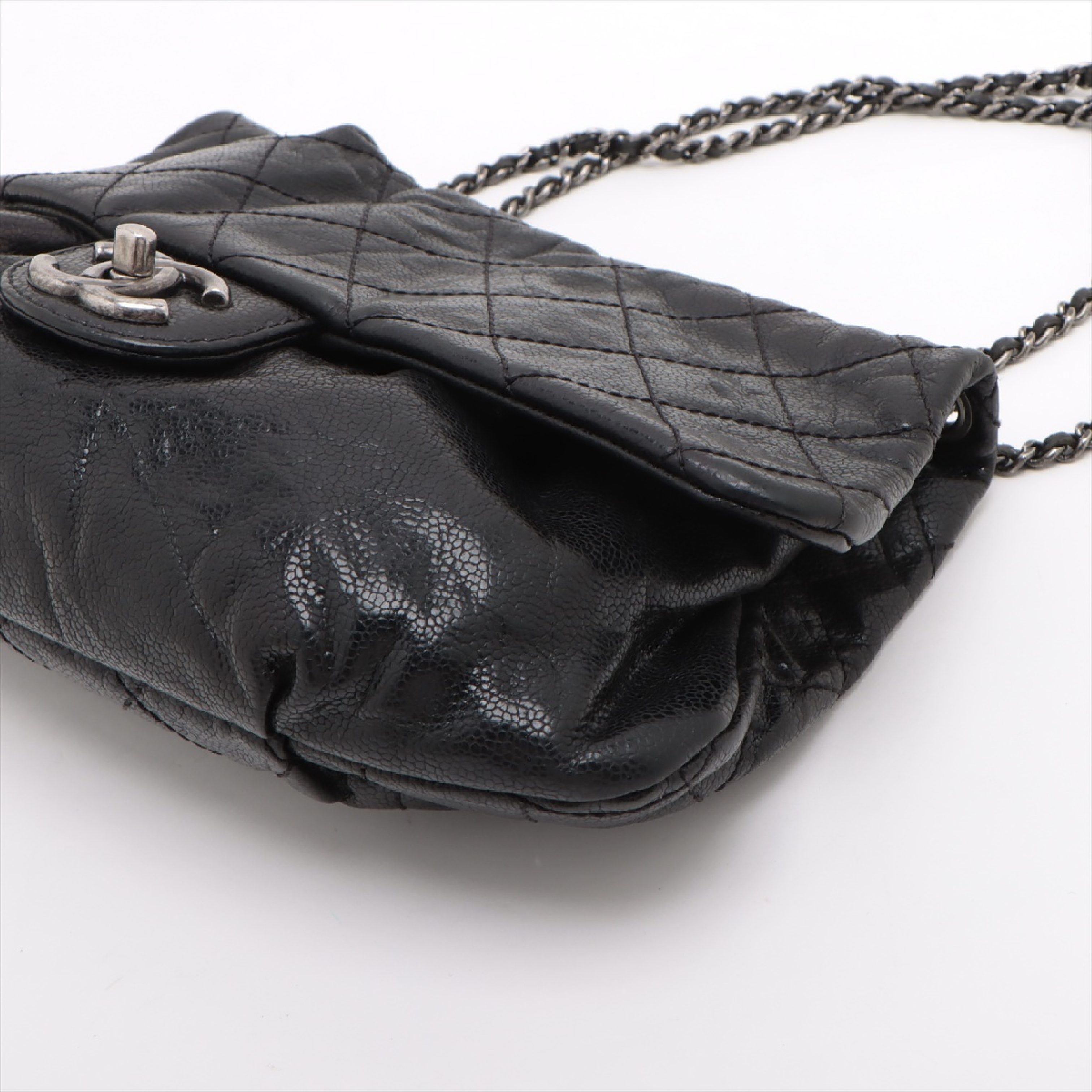 Matelassé Caviar Skin Single Flap Double Chain Bag, Black with Silver Hardware, 17870988 (Serial Number 17-series), Shoulder Bag — view 3