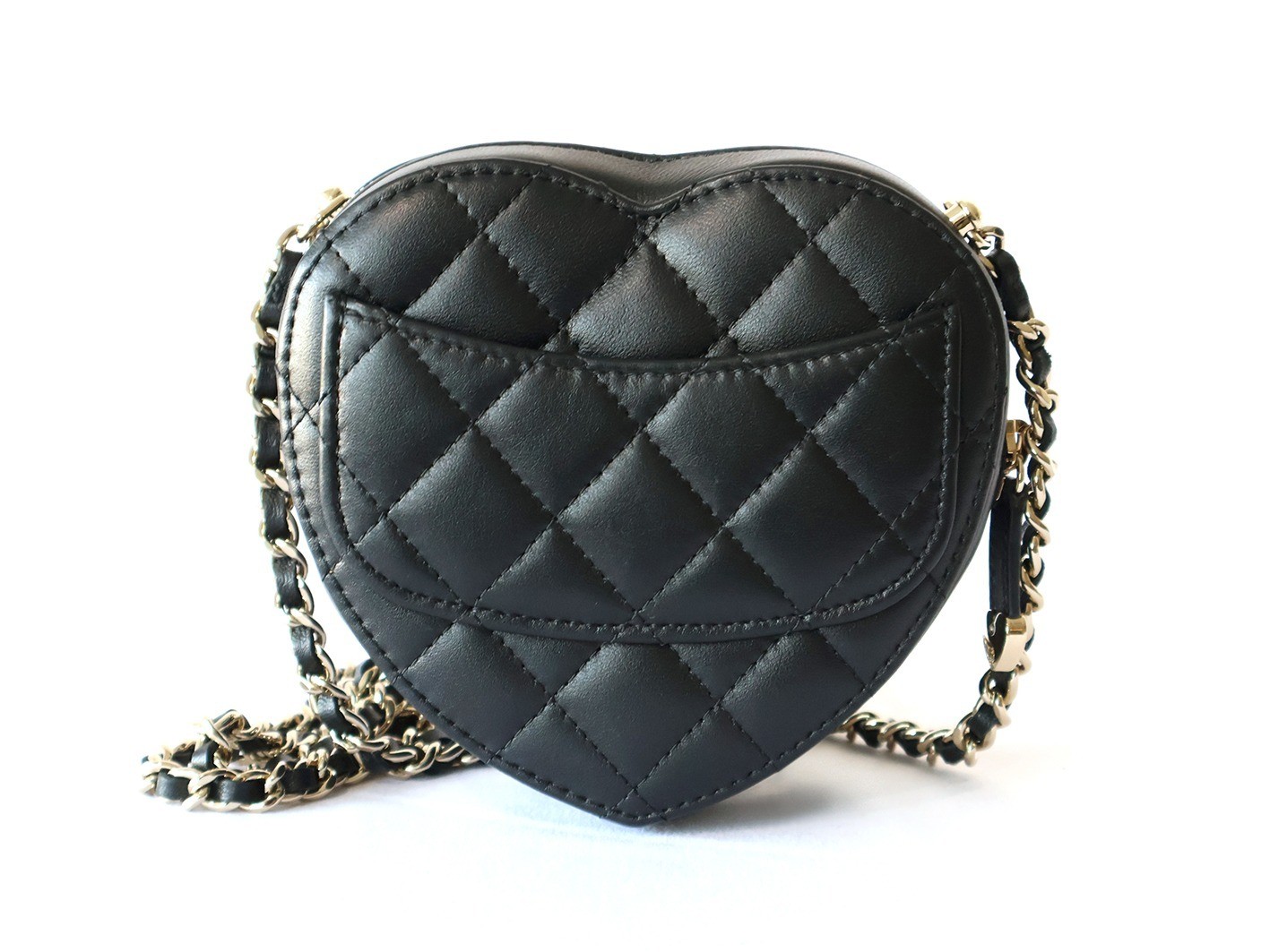 Matelassé Heart Lambskin Chain Shoulder Bag, Black — view 2