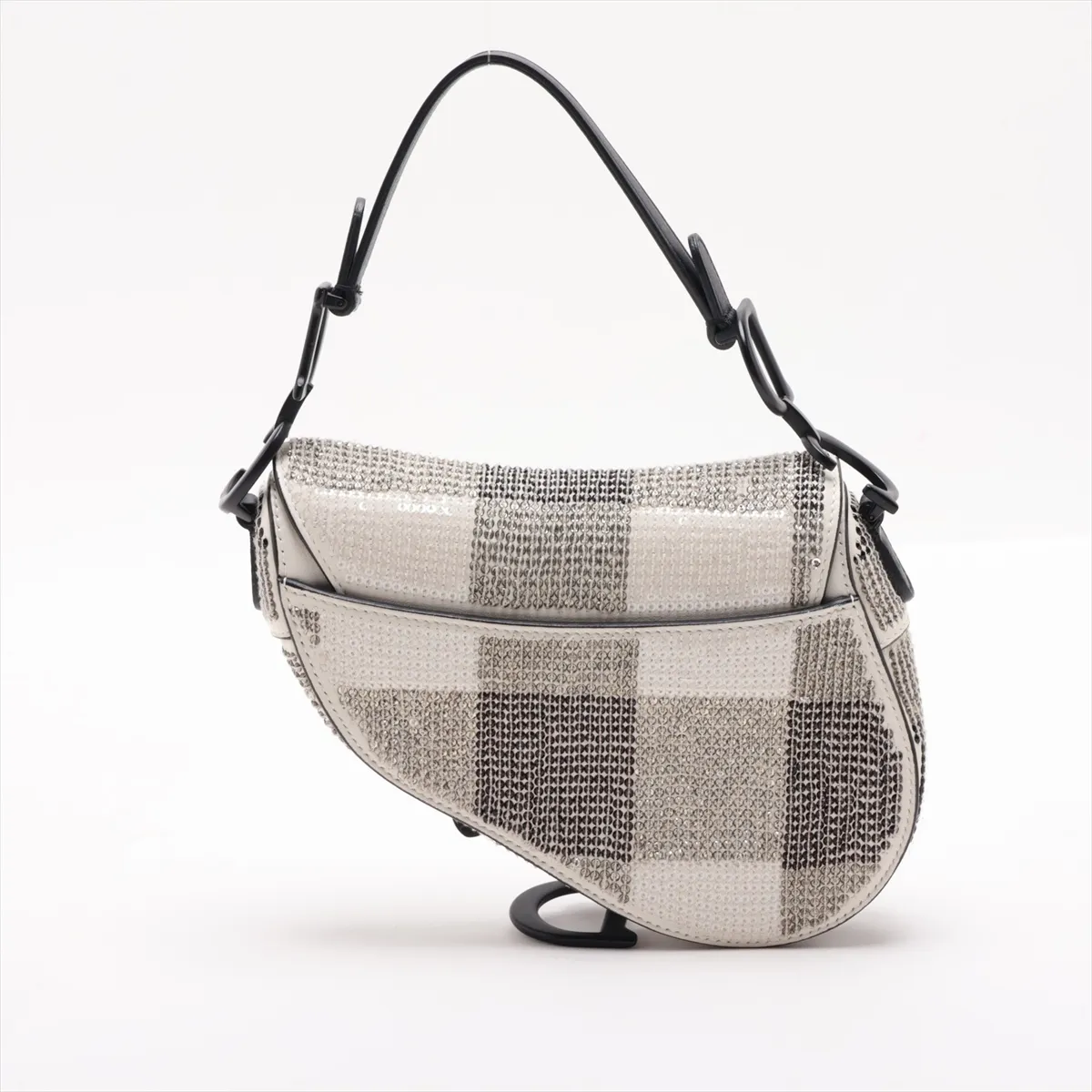 Saddle Bag, Leather x Rhinestone, 2-Way Handbag, White x Black, Decorations Removed — view 2