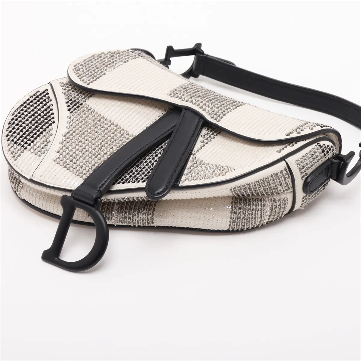 Saddle Bag, Leather x Rhinestone, 2-Way Handbag, White x Black, Decorations Removed — view 3