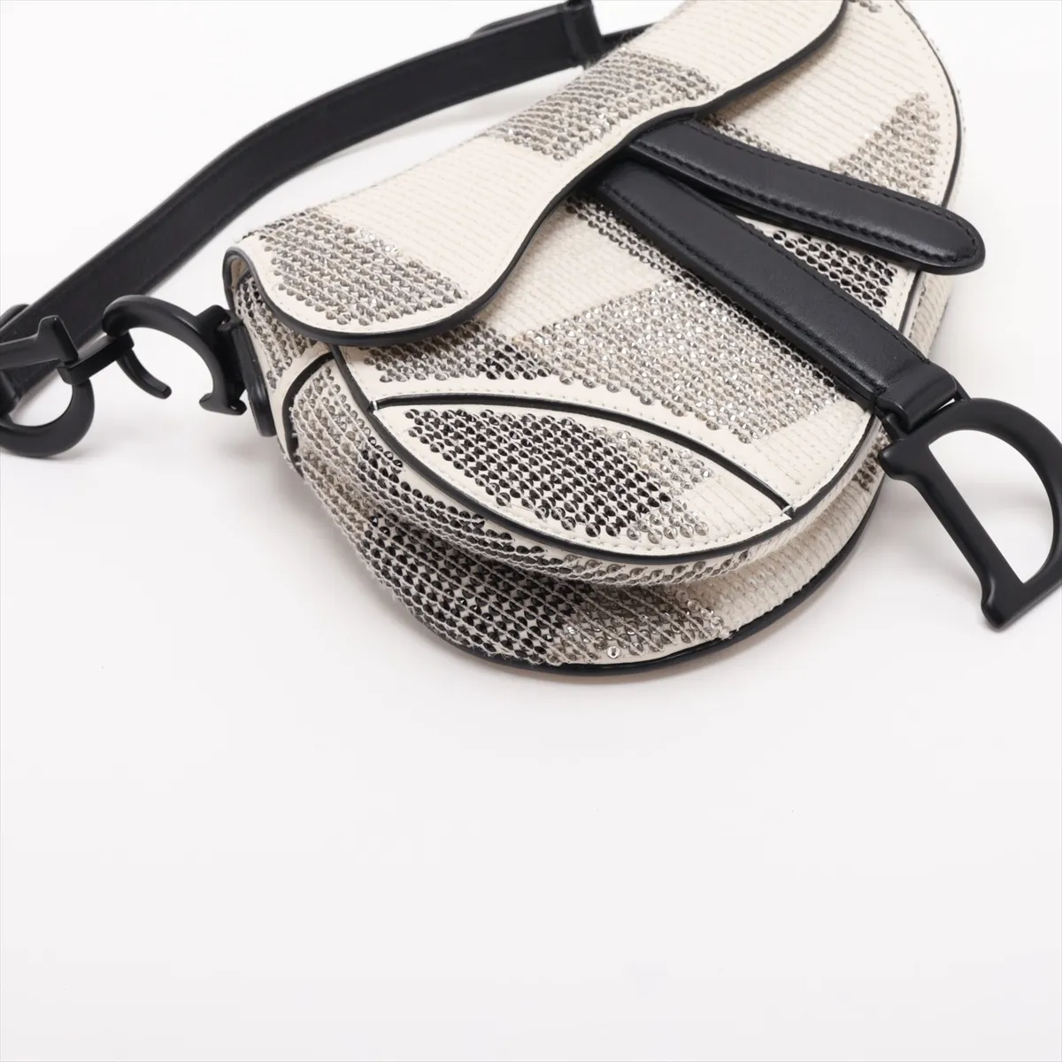Saddle Bag, Leather x Rhinestone, 2-Way Handbag, White x Black, Decorations Removed — view 4