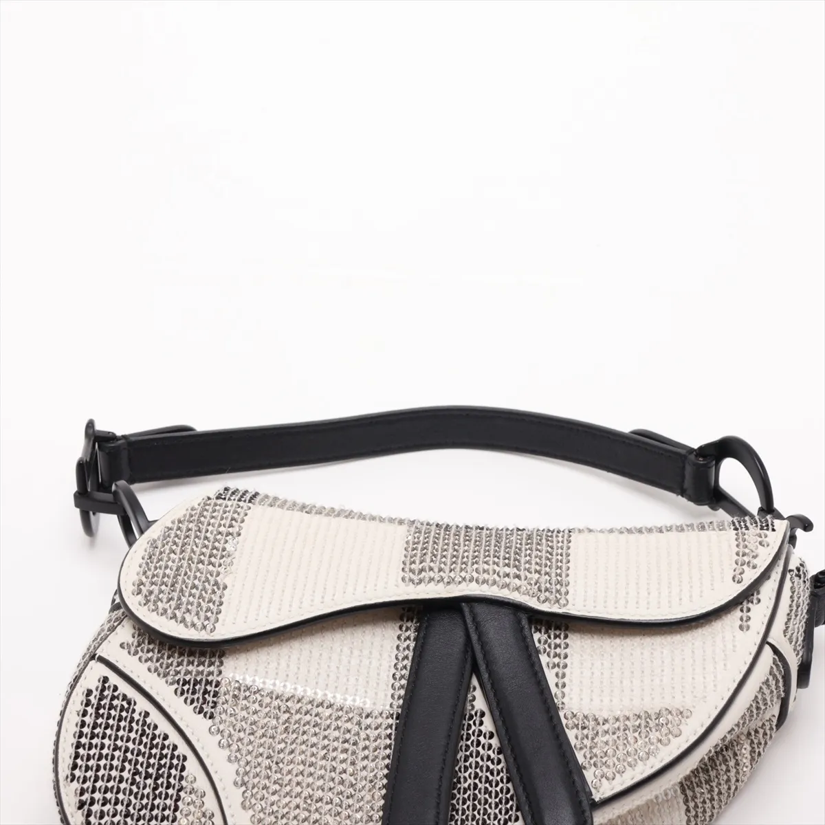 Saddle Bag, Leather x Rhinestone, 2-Way Handbag, White x Black, Decorations Removed — view 6