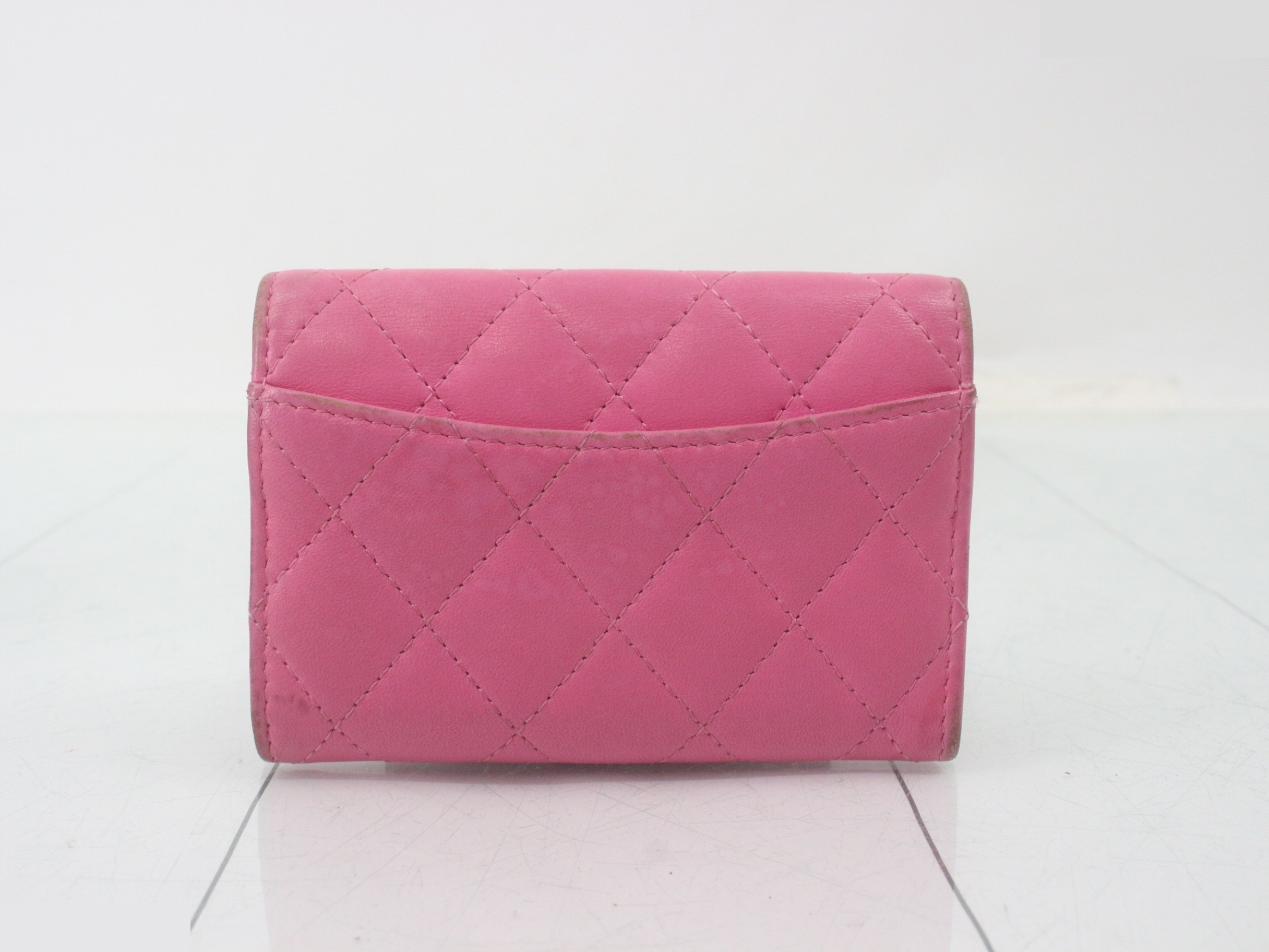 Matelassé lambskin card case/business card holder, pink, silver hardware — view 2