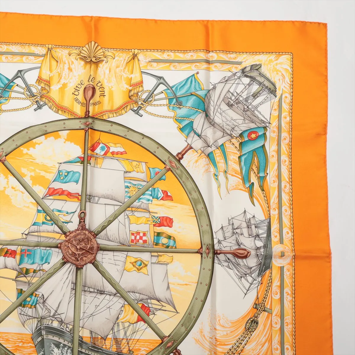 Carre 90 VIVE LE VENT Blow the Wind Scarf Silk Orange Thread Fuzzing — view 3