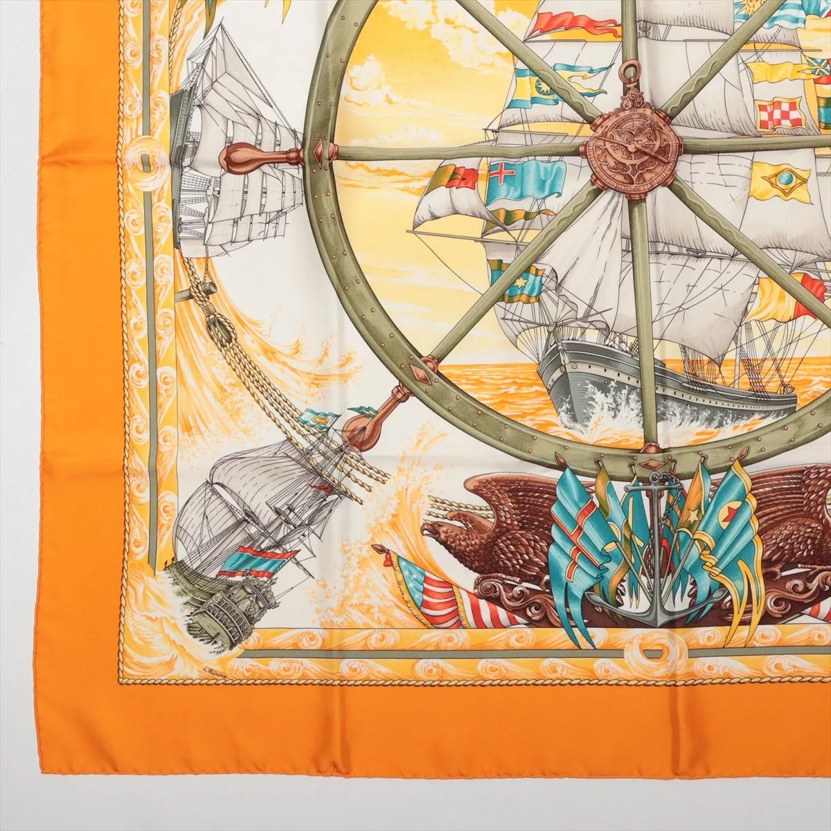 Carre 90 VIVE LE VENT Blow the Wind Scarf Silk Orange Thread Fuzzing — view 5