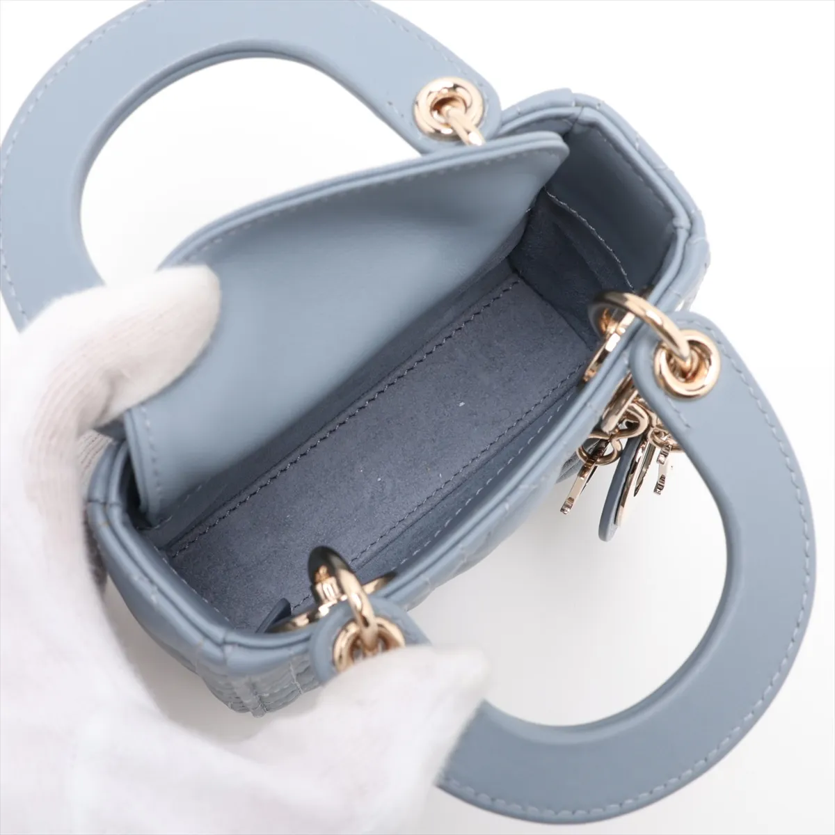 Cannage Lady Dior Micro Leather 2-Way Handbag, Blue — view 8