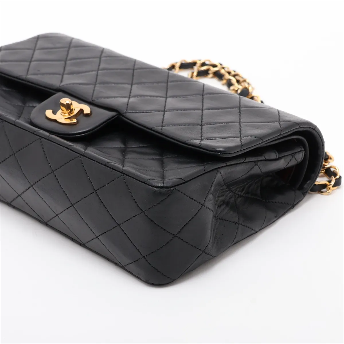Matelassé 25 Lambskin Double Flap Double Chain Bag, Black with Gold Hardware, A01112 — view 3