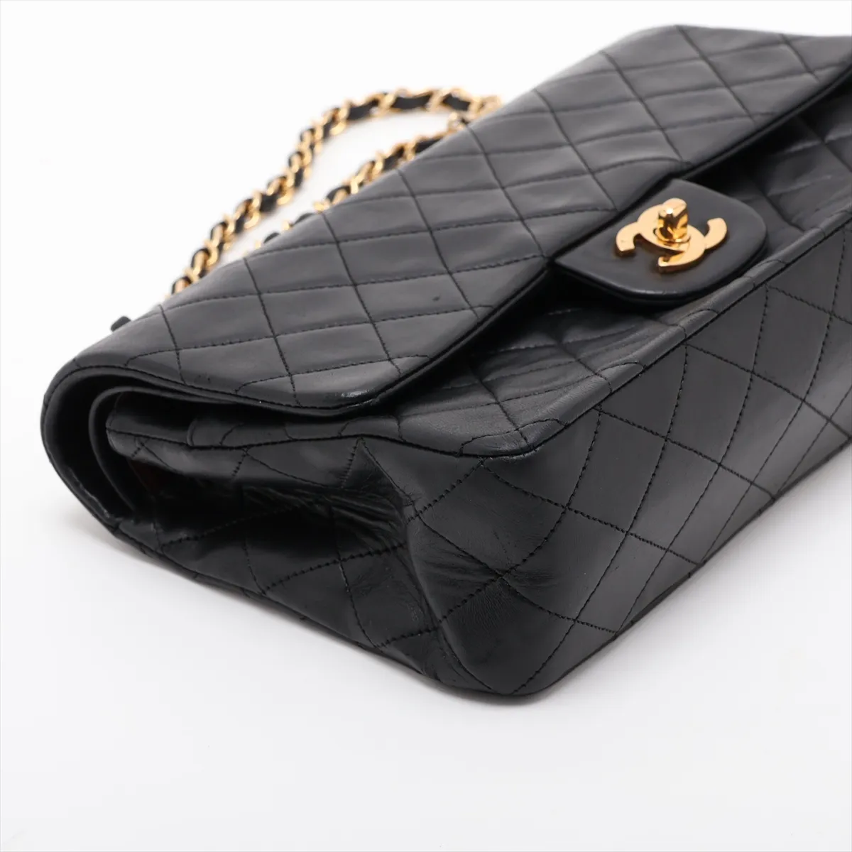 Matelassé 25 Lambskin Double Flap Double Chain Bag, Black with Gold Hardware, A01112 — view 4