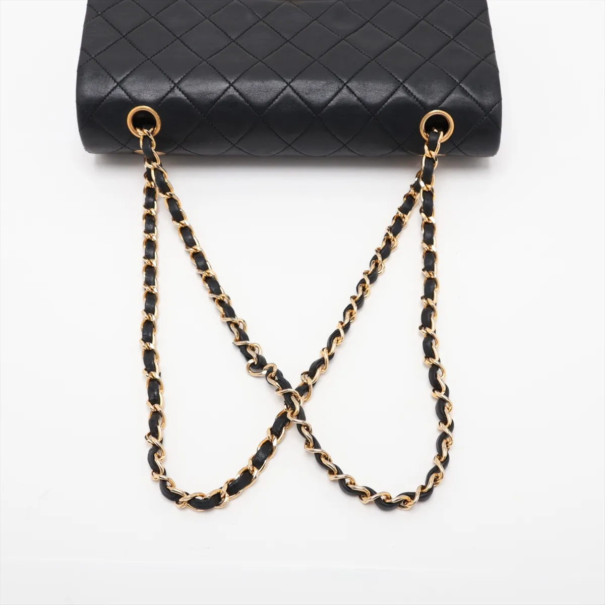 Matelassé 25 Lambskin Double Flap Double Chain Bag, Black with Gold Hardware, A01112 — view 5