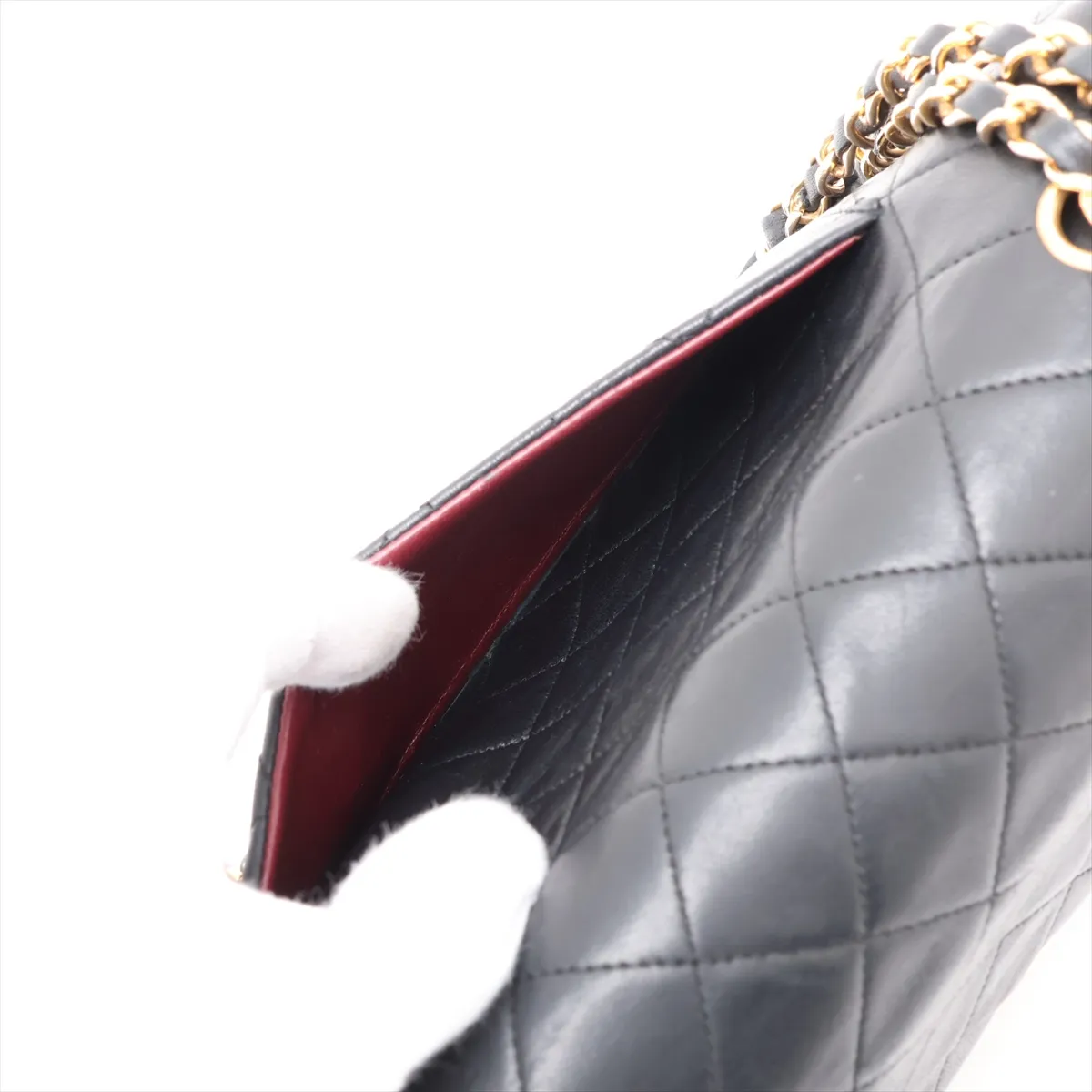 Matelassé 25 Lambskin Double Flap Double Chain Bag, Black with Gold Hardware, A01112 — view 9