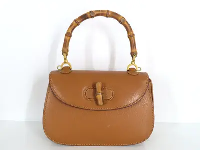 Bamboo Leather 2-Way Handbag, Black (000・2046・0188), Brown (Shoulder strap missing, pen marks present)