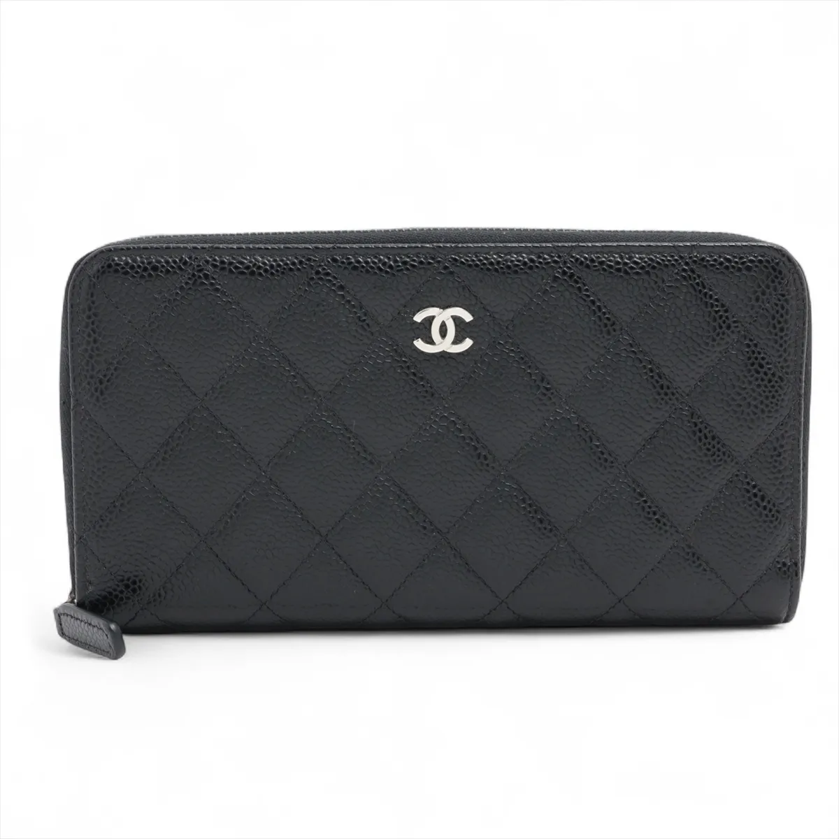 Matelassé Caviar Skin Round Zip Wallet, Black, Silver Hardware, 31133802
