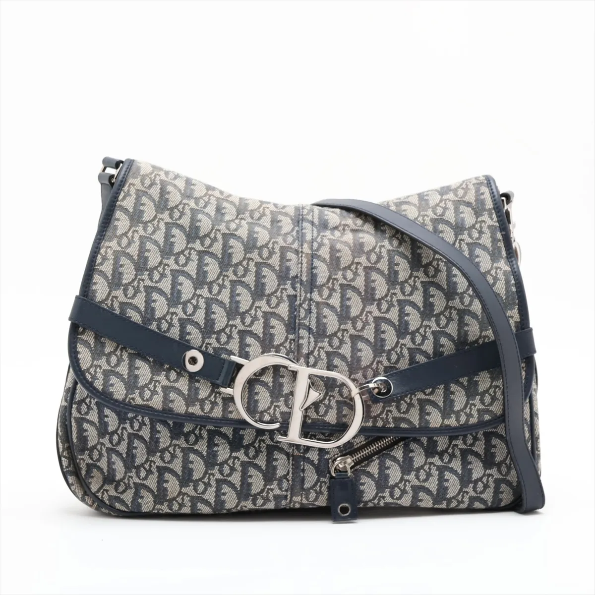 Trotter Canvas x Leather Shoulder Bag, Gray x Navy, Unsigned Guarantee Card