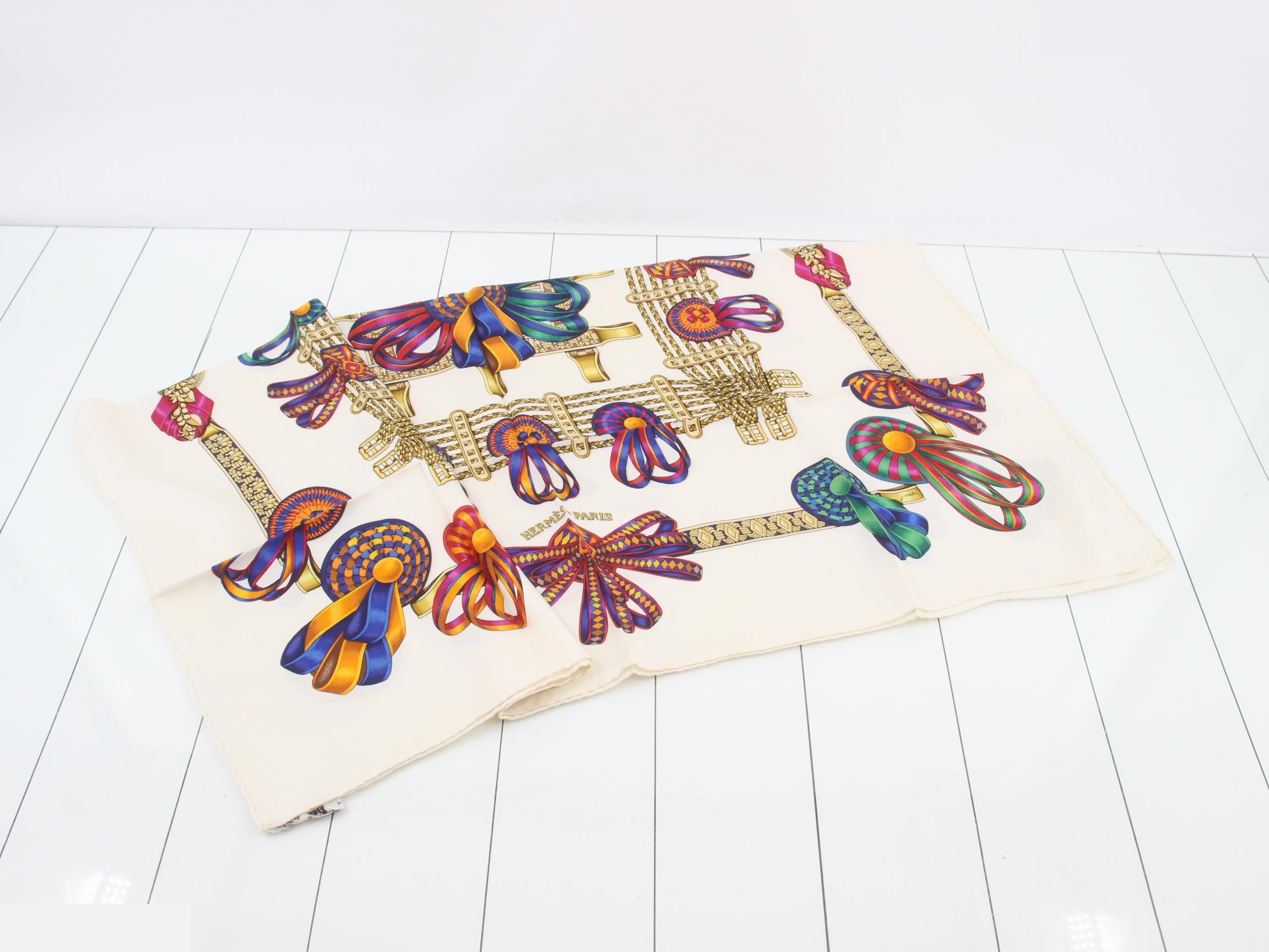 Carre 90, horse ribbon embellishment, 100% silk, white, with tag. — view 3