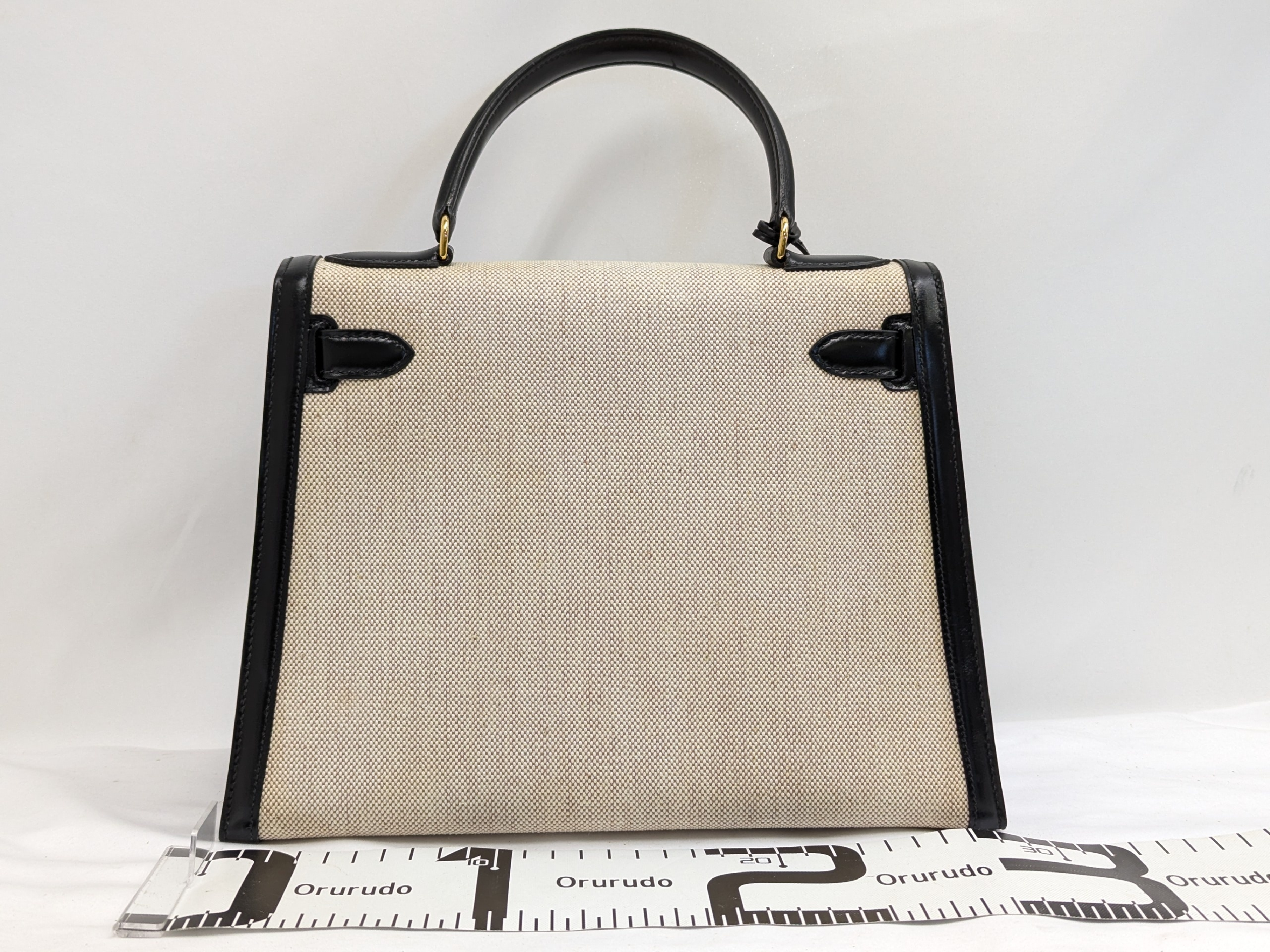 Kelly 28 Toile H Box Calf Black Gold Hardware J Stamp Handbag — view 2
