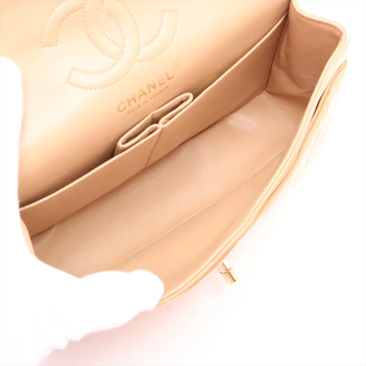 Matelassé 23 Small Lambskin Double Flap Double Chain Bag, Beige, Gold Hardware, 8836911, Series 8, A01113 — view 7