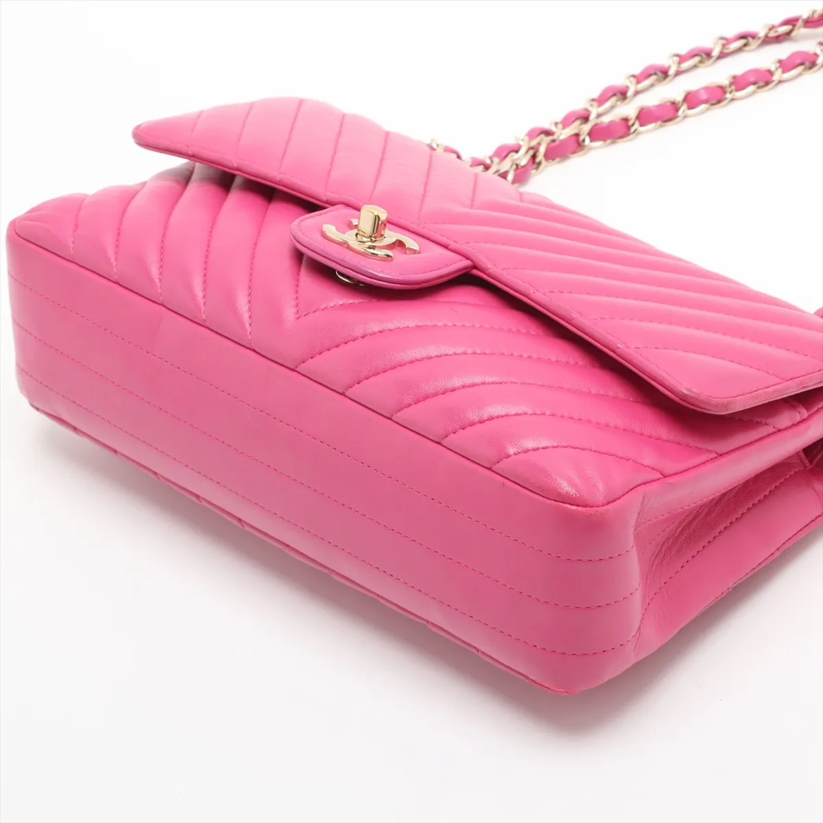 chevron lambskin double flap double chain bag V stitch pink gold hardware 24282004 24th series — view 3