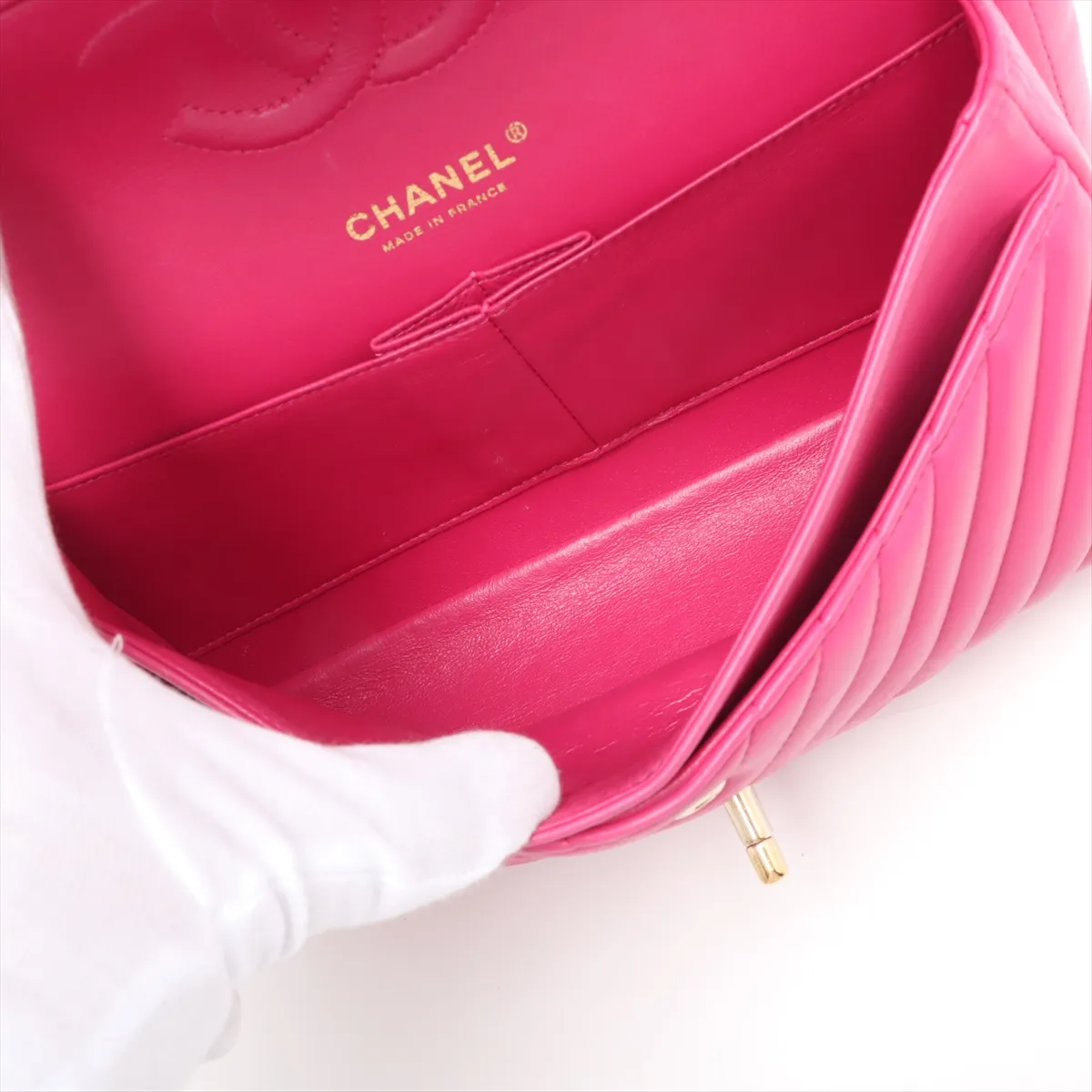 chevron lambskin double flap double chain bag V stitch pink gold hardware 24282004 24th series — view 7