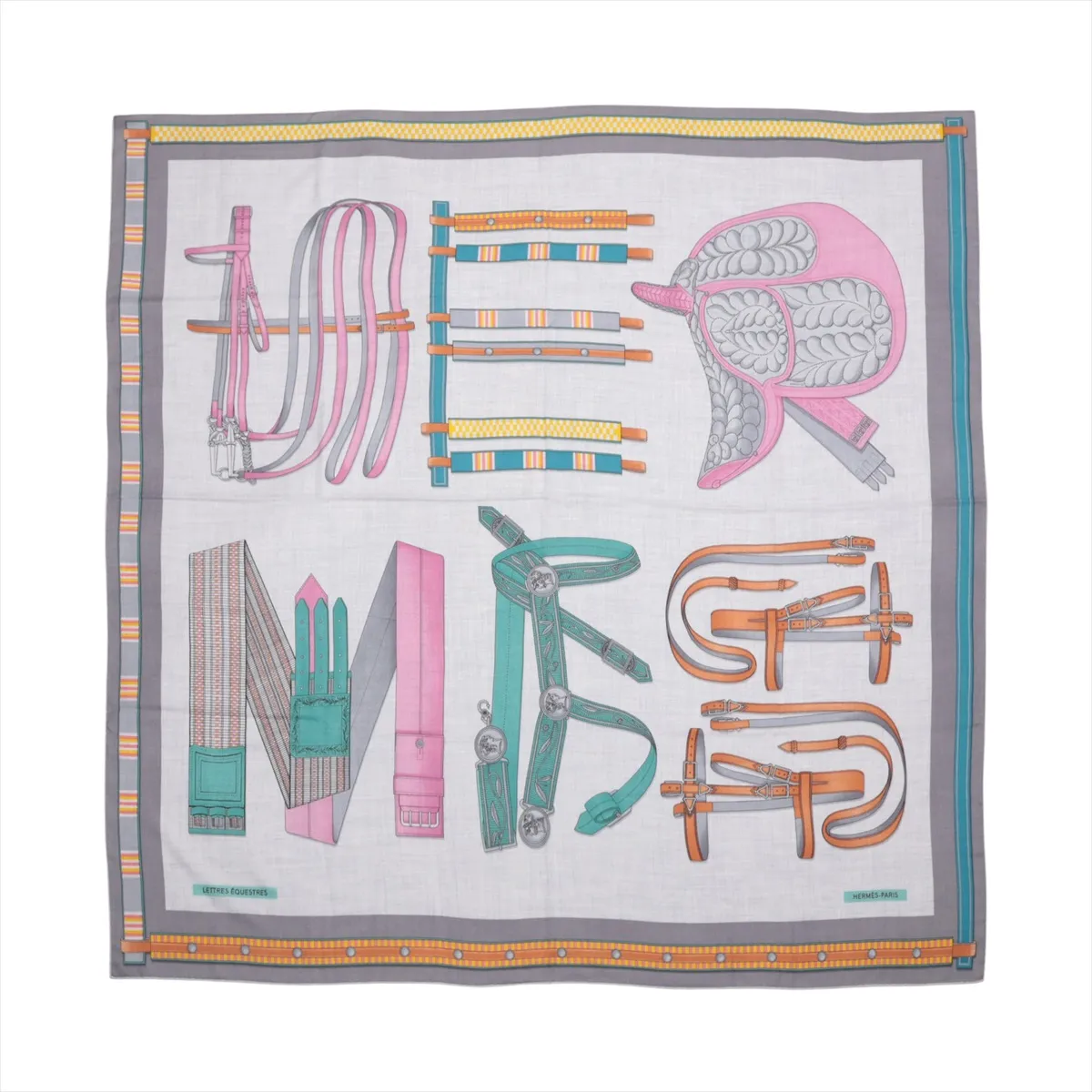 Carre Géant Lettres Equestres Stole, Cashmere x Silk, Gray, Slight wear and snags.